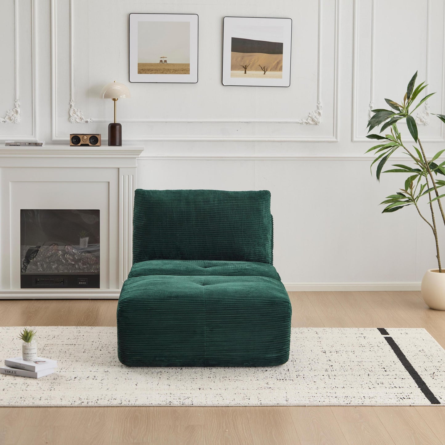 Modern Memory Foam Compressed Sofa,Single Chaise Longue for Living Room,Pet-Friendly Cloud Modular Sectional Sofa,Corduroy Fabric,Movable Ottoman,No assembly required,Green