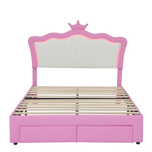 NEW Full Size Upholstered Bed Frame With LED Lights, Modern Upholstered Princess Bed With Crown Headboard, 2 Drawers