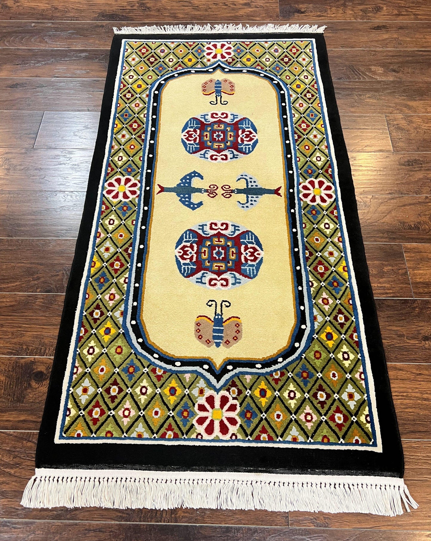 USED Chinese Rug 3x6 ft, Chinese Wool Rug, Tiensin Rug, Handmade Wool 3 x 6 Vintage Peking Rug, Art Deco Rug, Butterflies