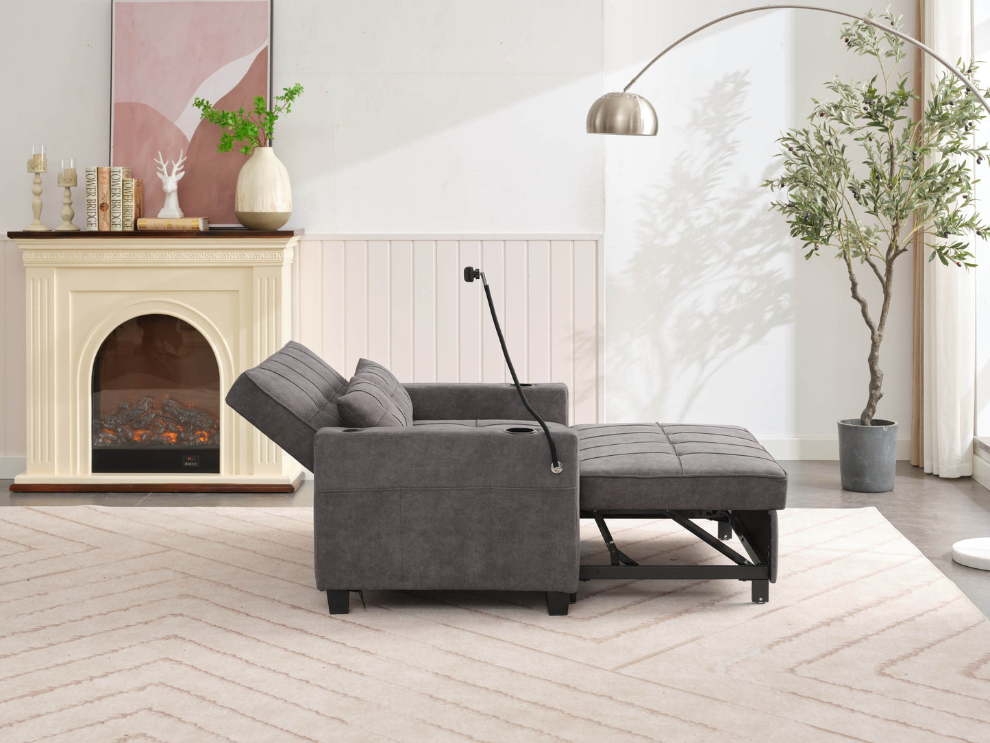 NEW Dark Grey Cloth Fabric 2 Seater Loveseat Recliner Sofa Bed with Adjustable Backrest USB and Cupholders