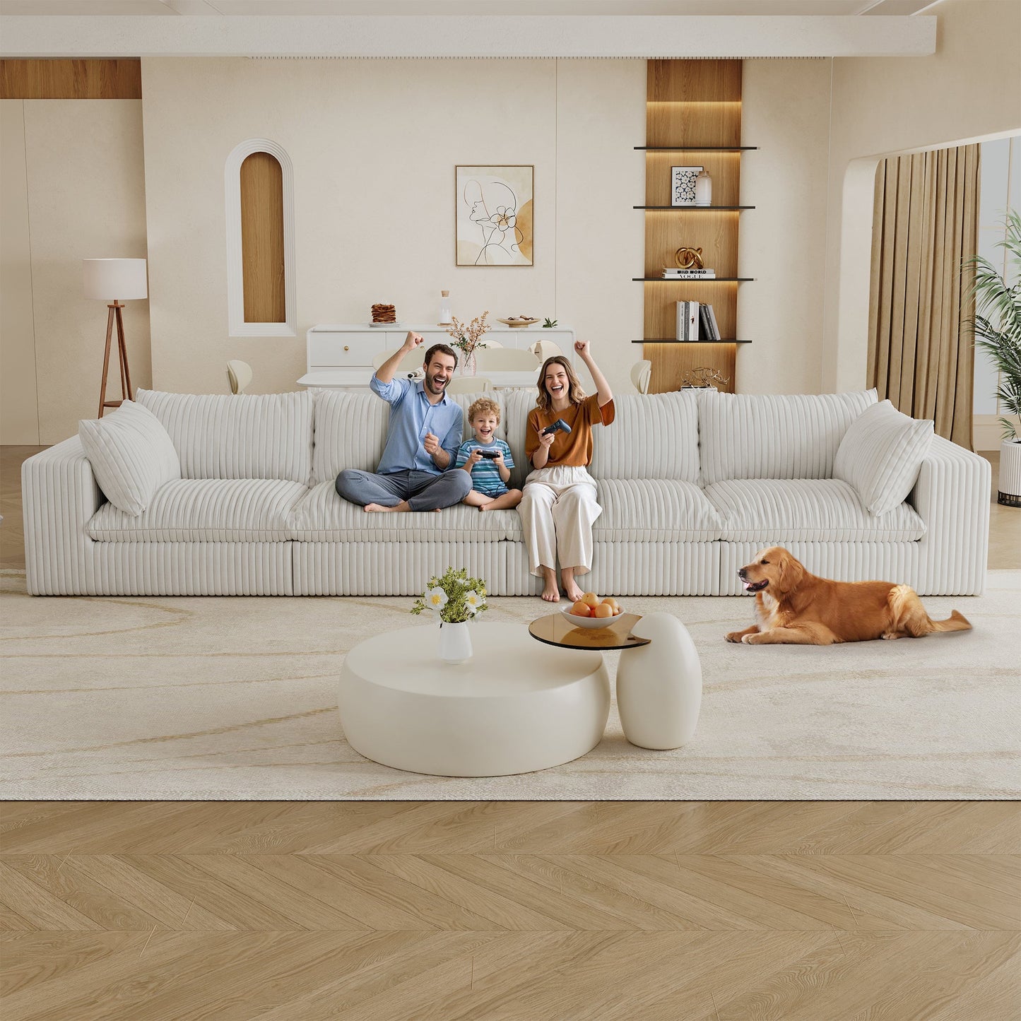 NEW 157.6'Cloud Sofa,Corduroy Fabric,Deep Seat Couches,Double-layer design,Removable  Cushion,No Assembly,DIY Combination for Living room, Bedroom,Conference room ,Apartment,White