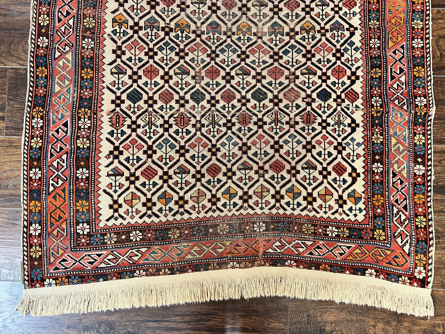 USED Antique Caucasian Rug 4x5, Hand Knotted Handmade Shirvan Oriental Carpet, Ivory Red Rug Allover Pattern, Rare Wool Rug, Tribal Geometric Rug