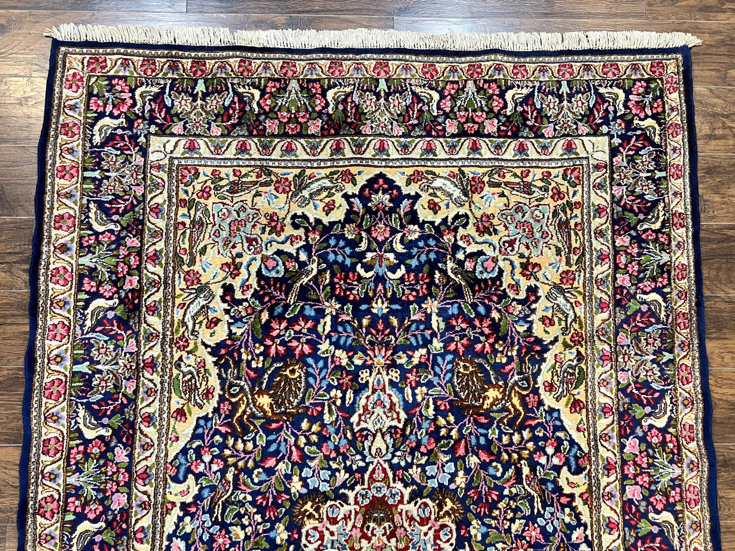 USED Persian Kirman Rug 6x9, Floral Medallion Vintage Wool Handmade Carpet 6 x 9, Animal Pictorials Birds, Semi Antique, Navy Blue, Millefleur