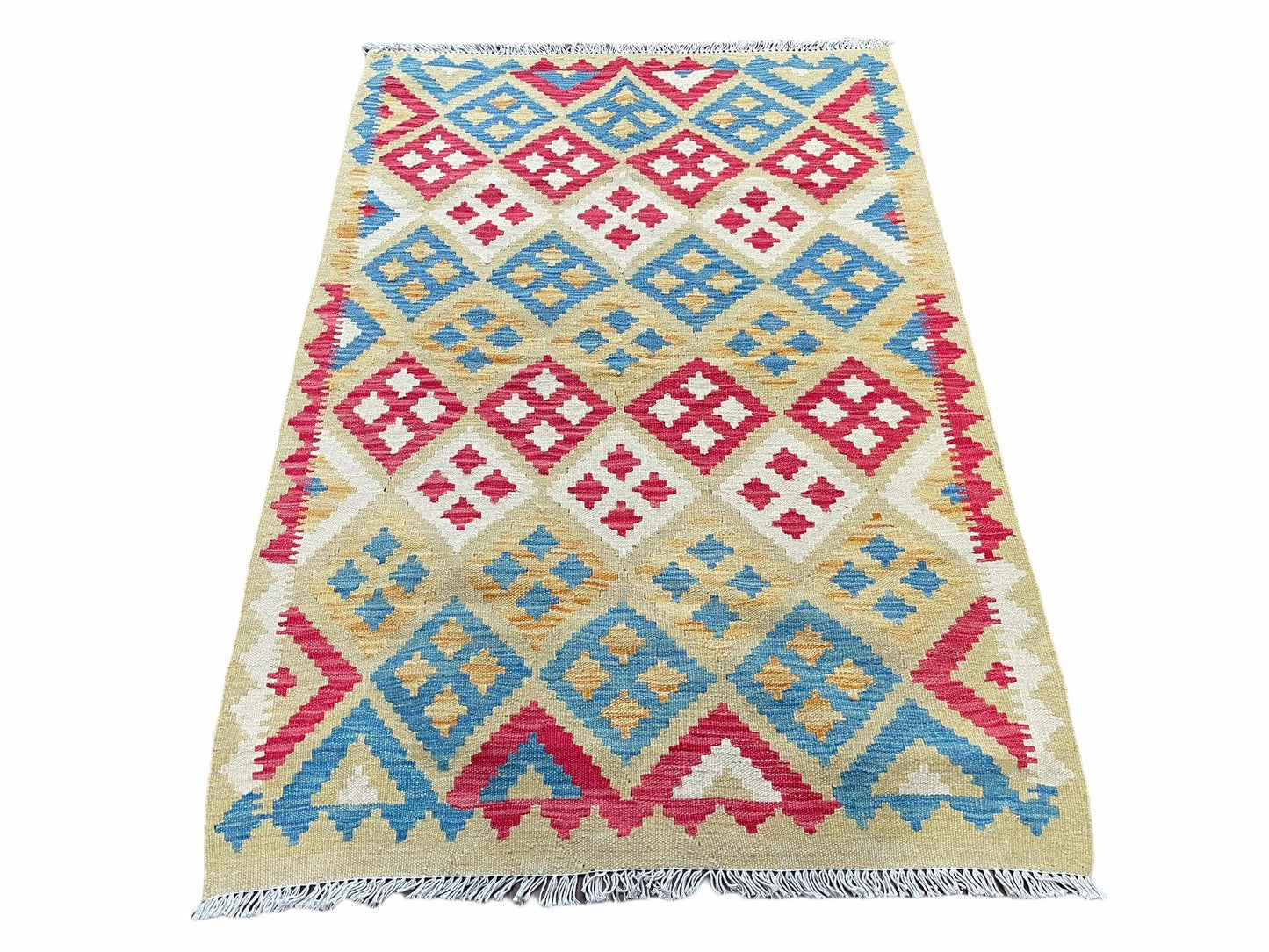 USED 3x5 Kilim Rug Multicolor Tribal Kilim Rug 3 x 5 Tan Light Blue Red Beige New Turkish Anatolian Wool Kilim Flatweave Rug