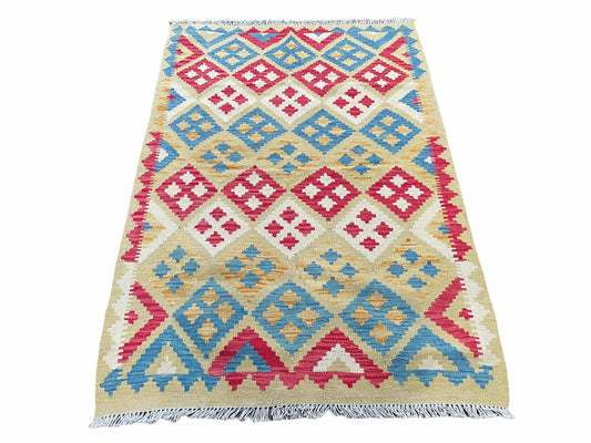 USED 3x5 Kilim Rug Multicolor Tribal Kilim Rug 3 x 5 Tan Light Blue Red Beige New Turkish Anatolian Wool Kilim Flatweave Rug