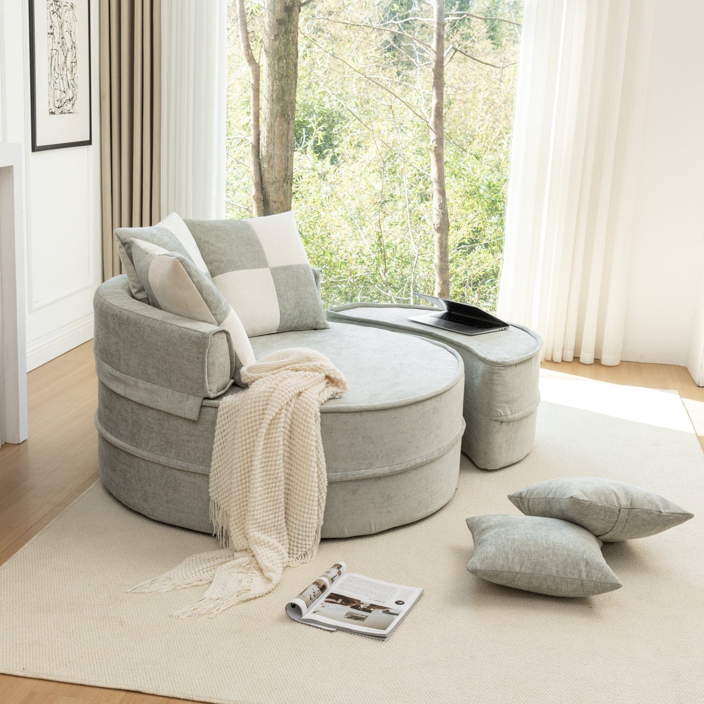 NEW Modern Oversized Blue Round Barrel Accent Chair with Ottoman - Velvet Upholstered Lounge Armchair with 5 Pillows for Living Room or Bedroom