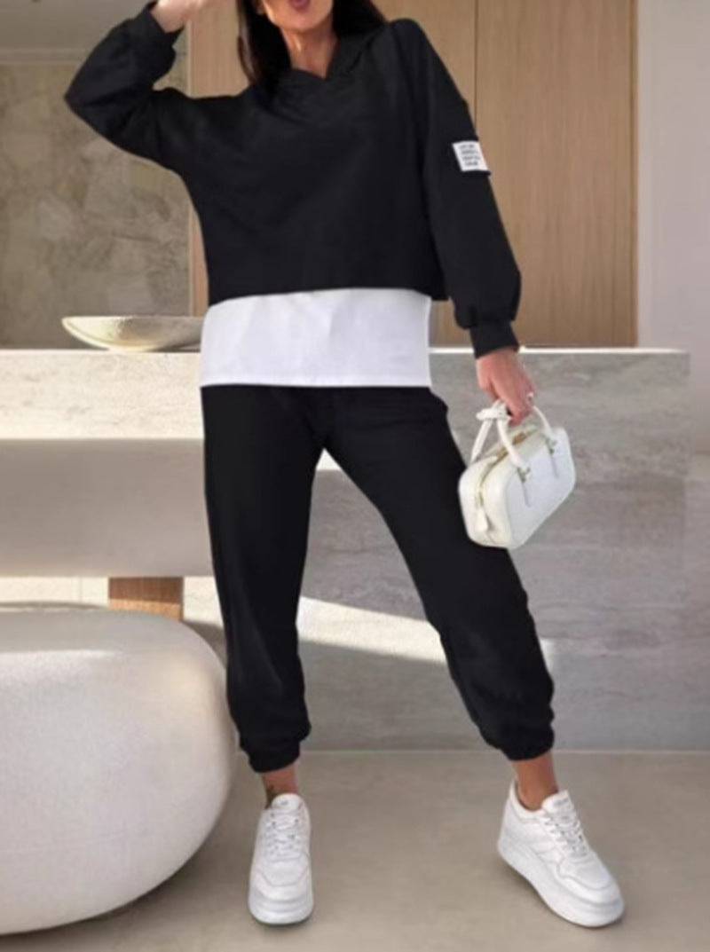 New Hooded Sweatshirt Suit Loose Long Sleeve False Two-piece Tops And Jogger Sports Trousers Casual Spots Set For Women's Clothing