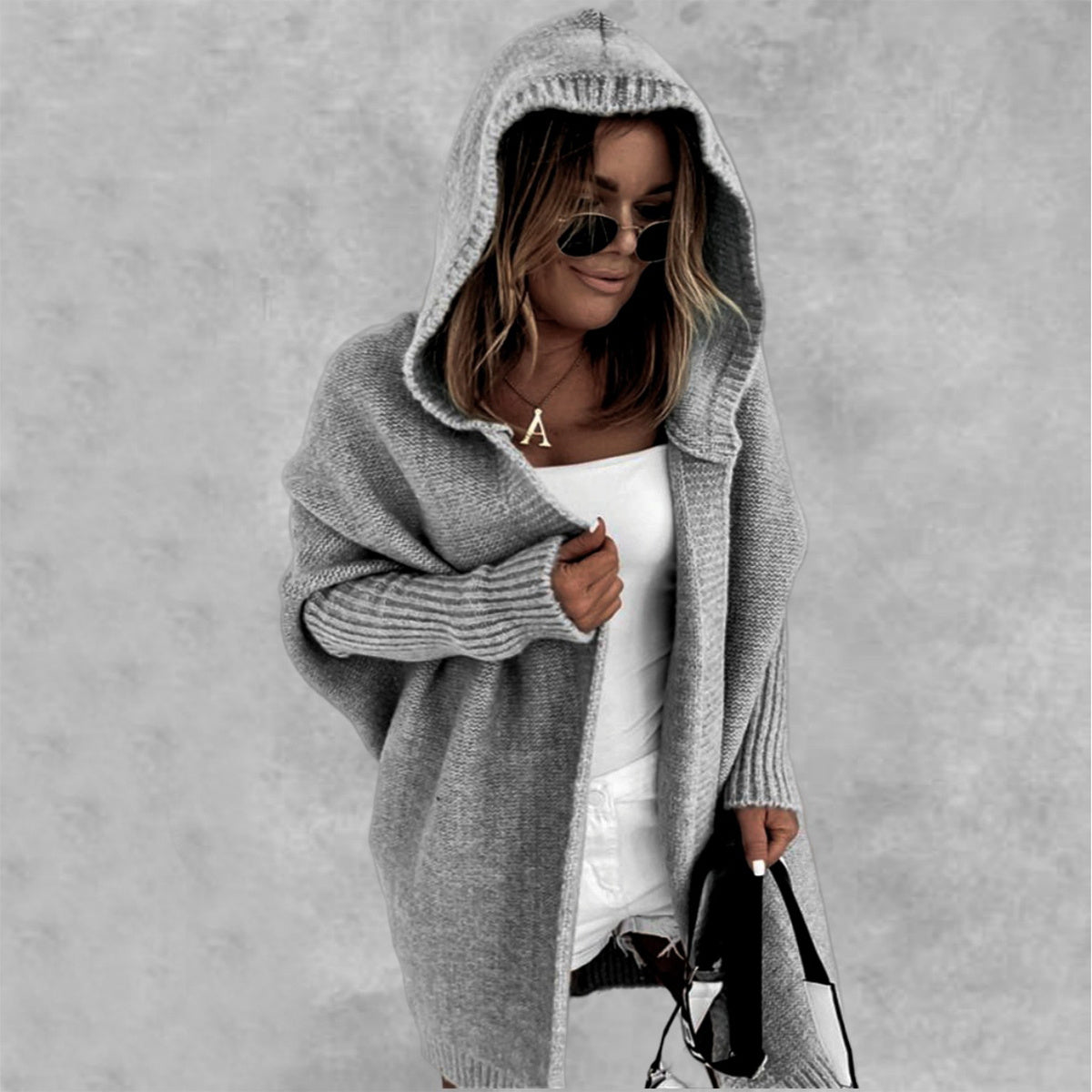 New Ins Knitted Hooded Cardigan Fashion Loose Solid Color Batwing Sleeve Sweater Autumn And Winter Women's Clothing