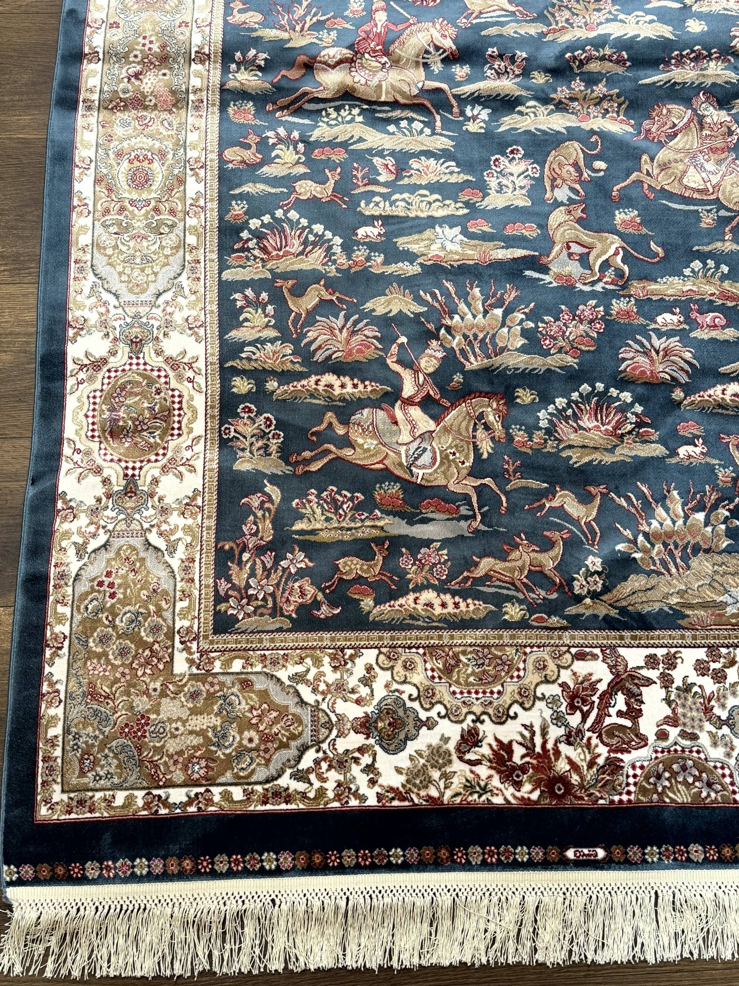 NEW Turkish Silk Hunting Design Rug 4x6, Dark Steel Blue & Ivory, Bamboo Silk