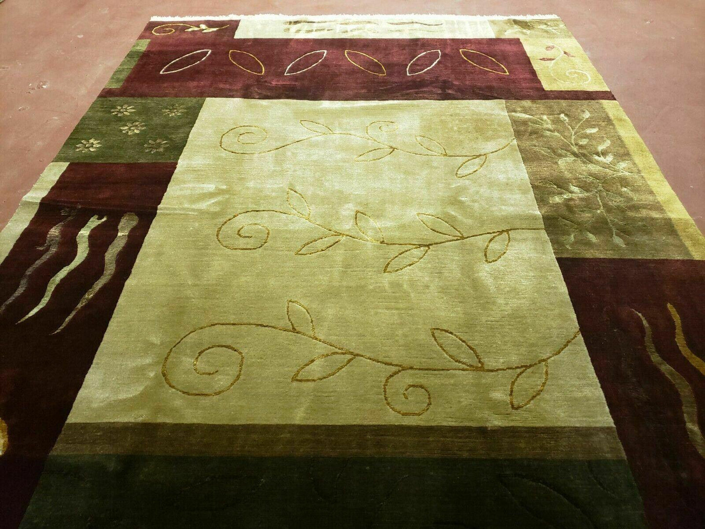 USED 6' X 9' Modern Handmade Tibetan Nepal Wool & Silk Rug Decorative Abstract Gold