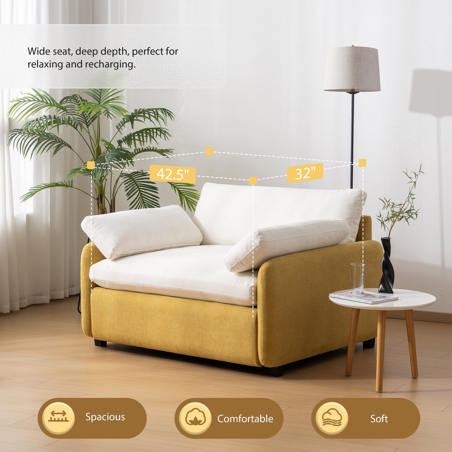 NEW Modern Oversized Chenille Armchair with Color Blocking and Pillows, 50*43' in Cream and Yellow