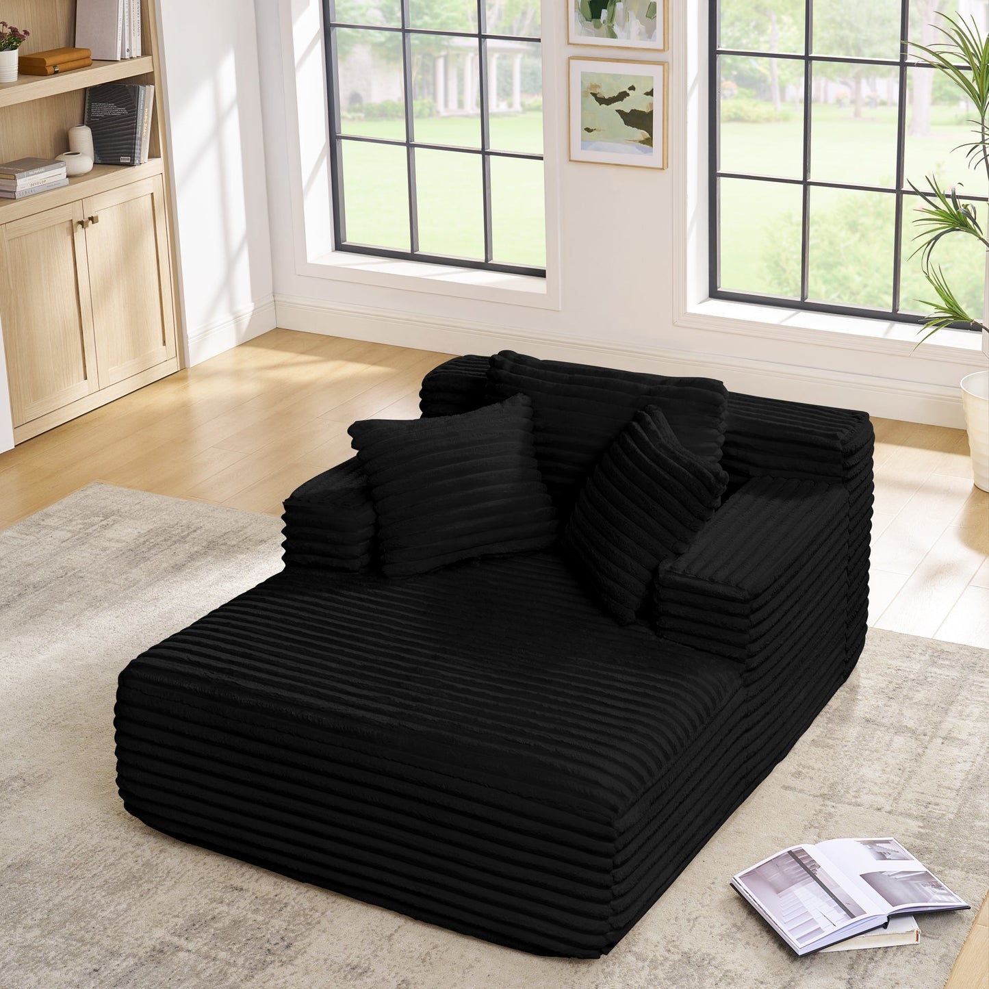 NEW Compressed Chaise Lounge Foam Fluffy Black Corduroy Upholstered Cloud Sofa Bed Couch with Deep Seat