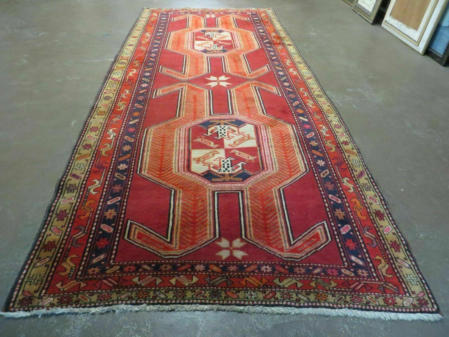 USED 4' 10" X 11' Antique Handmade Turkish Kazak Wool Rug SHIELD Hand Knotted Red