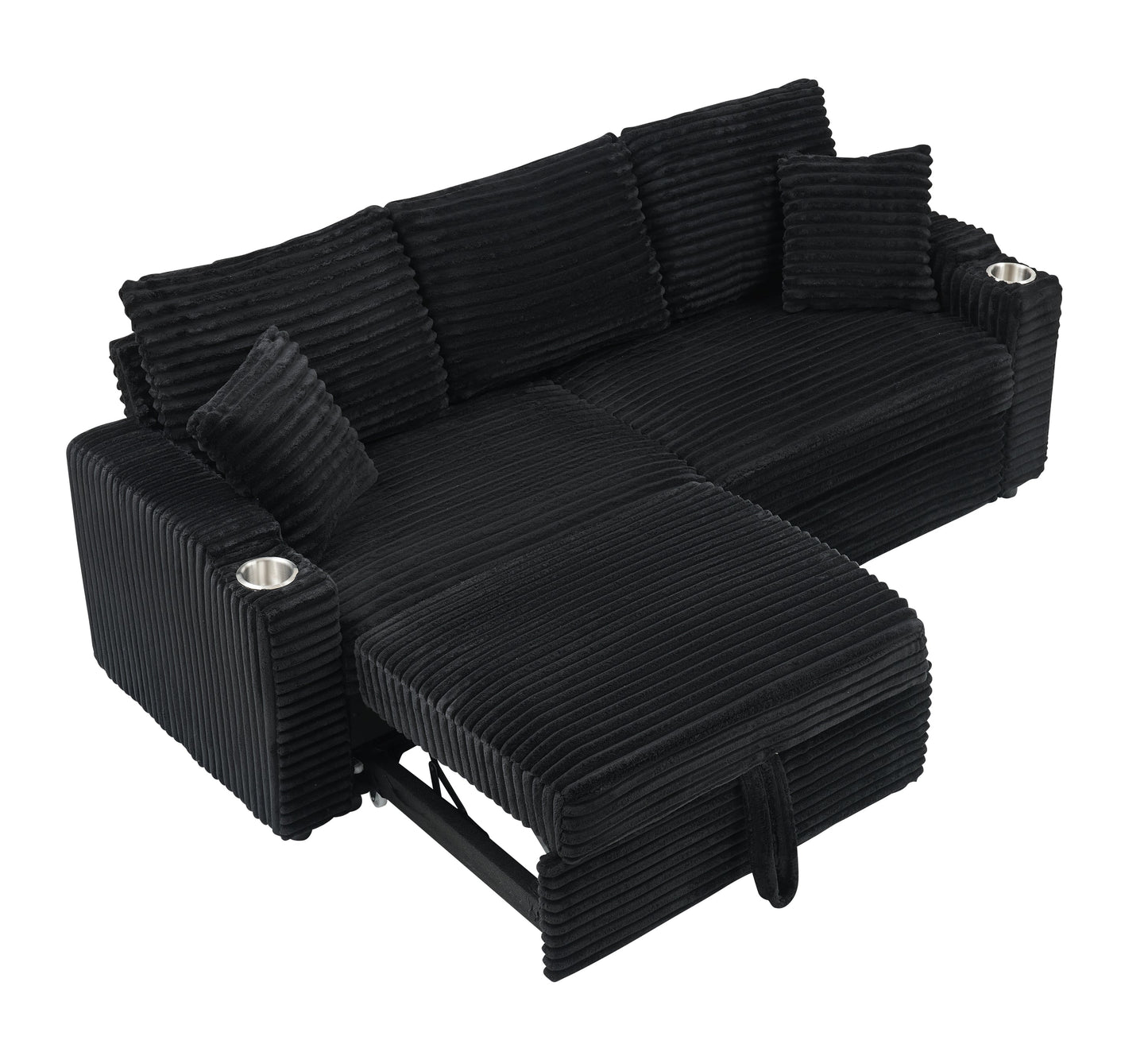 NEW 80-inch 2-in-1 Folding Black Corduroy fabric Sofa equipped with Cup Holder and Pillow