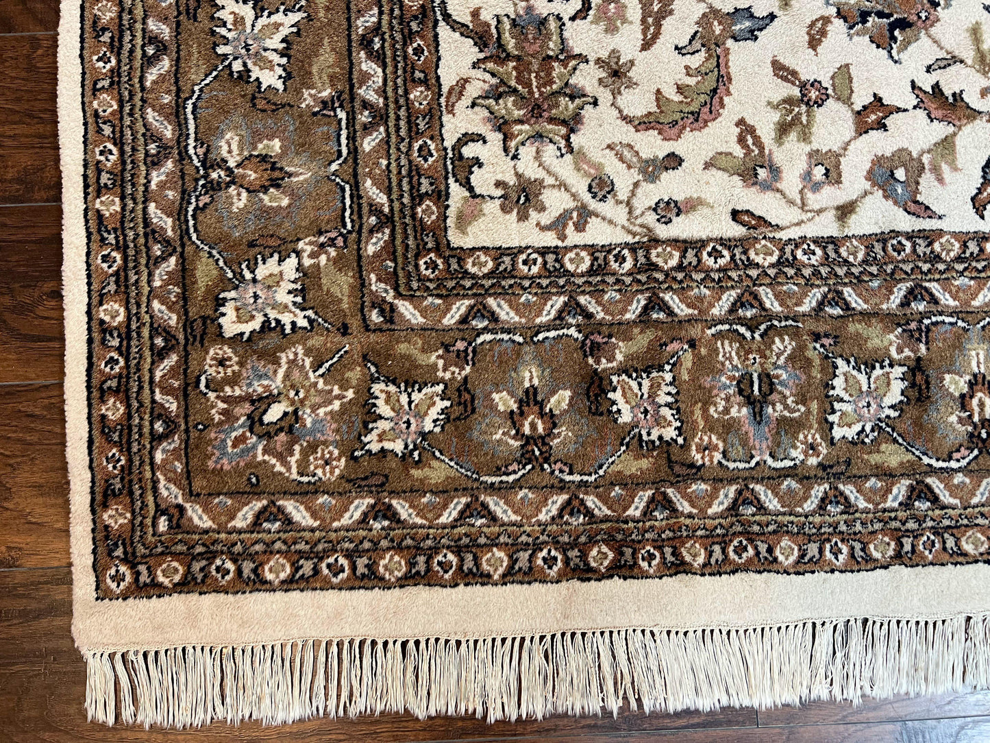 USED Indo Kirman Rug 8x12 Allover Floral Design, Ivory/Cream Brown, Vintage Handmade Hand Knotted Rug, Traditional Wool Persian Carpet 8 x 12
