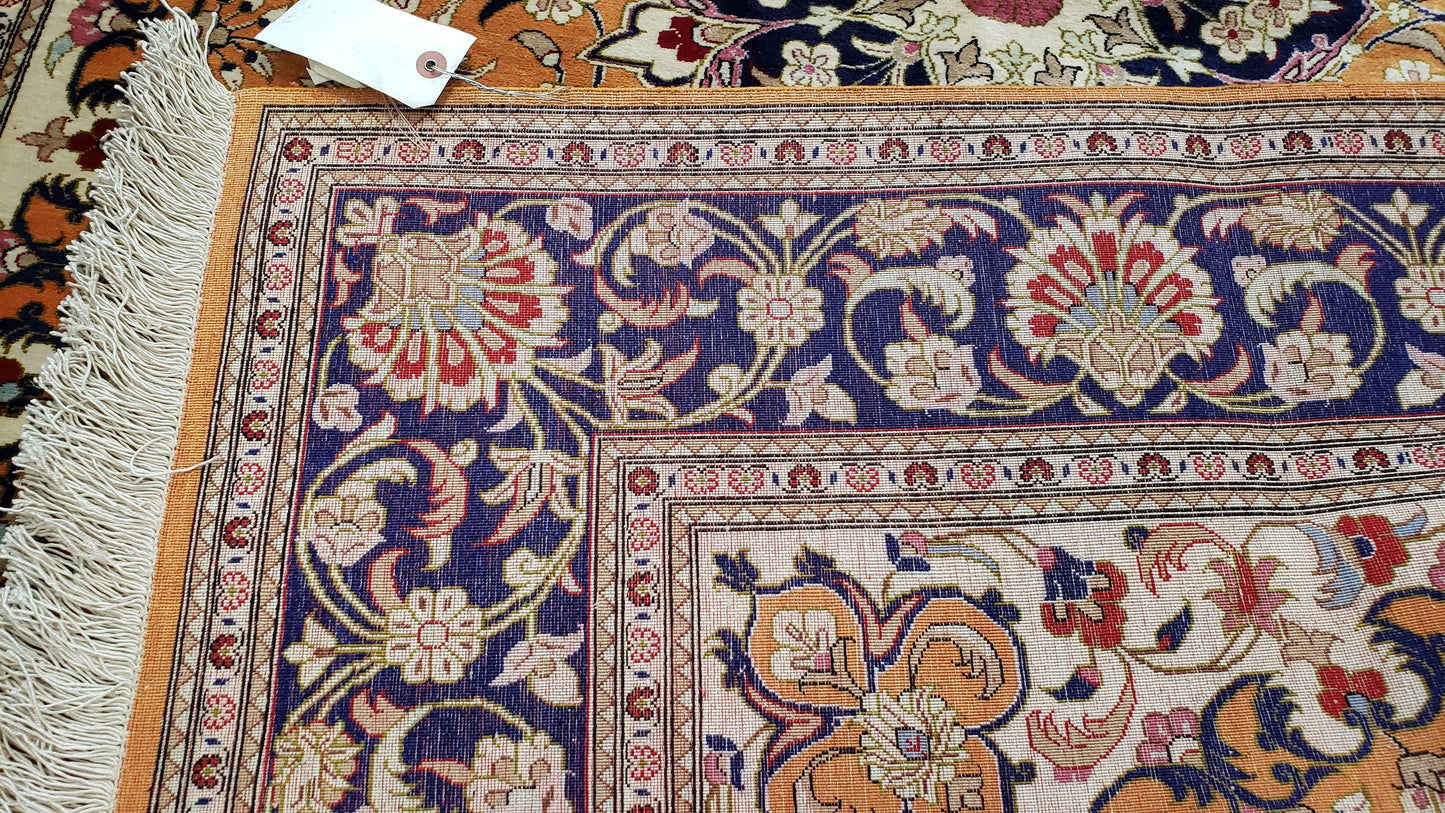 USED Vintage Persian Qum Silk Rug 4.6 x 6.7, Burnt Orange and Navy Blue, Antique Oriental Very Fine Signature Master Weaver 350+ KPSI Ghom Qom 5x7 Rug