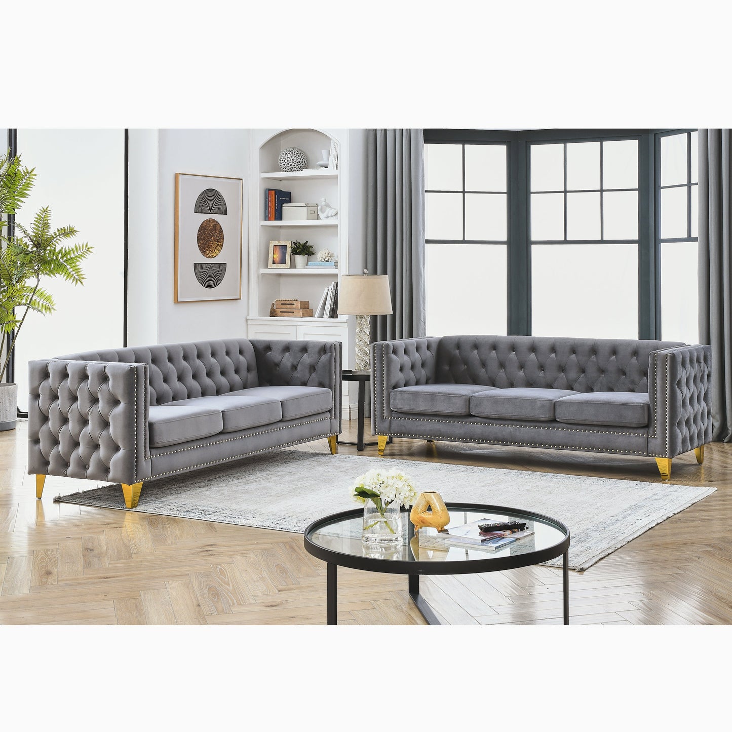 NEW Velvet Sofa for Living Room, Buttons Tufted Square Arm Couch, Modern Couch Upholstered Button and Metal Legs, Sofa Couch for Bedroom, Grey Velvet .2PCS