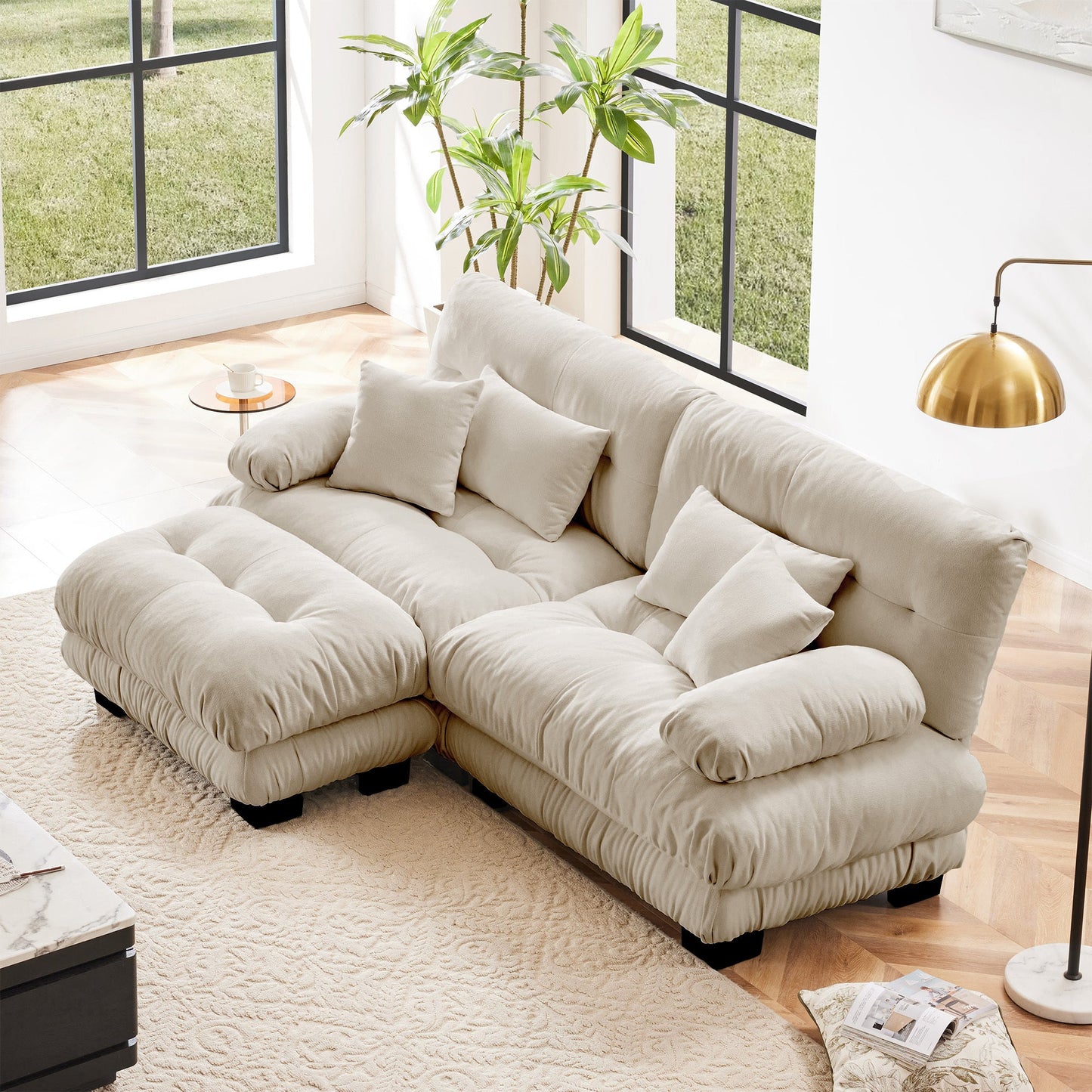 NEW Light Coffee Chenille Cloud Couch Sectional Sofa 2 Seater Loveseat Upholstered Wide Arm Sofa with 2 Lumbar Pillows 2 Throw Pillows and Convertible Ottoman