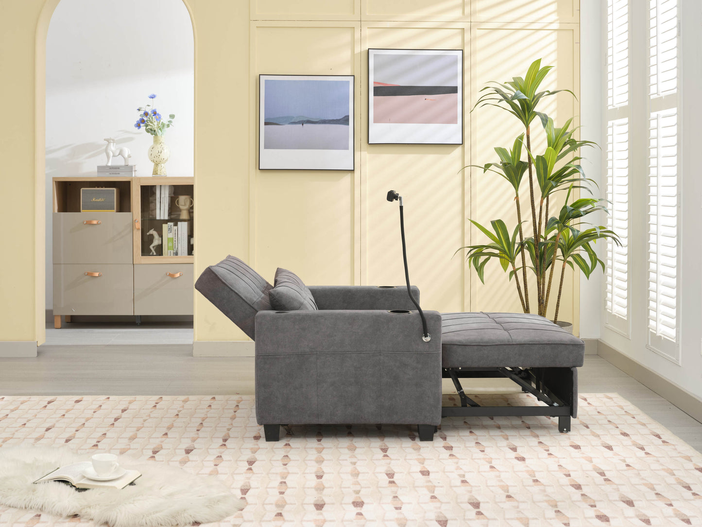 NEW Dark Grey Cloth Fabric 2 Seater Loveseat Recliner Sofa Bed with Adjustable Backrest USB and Cupholders