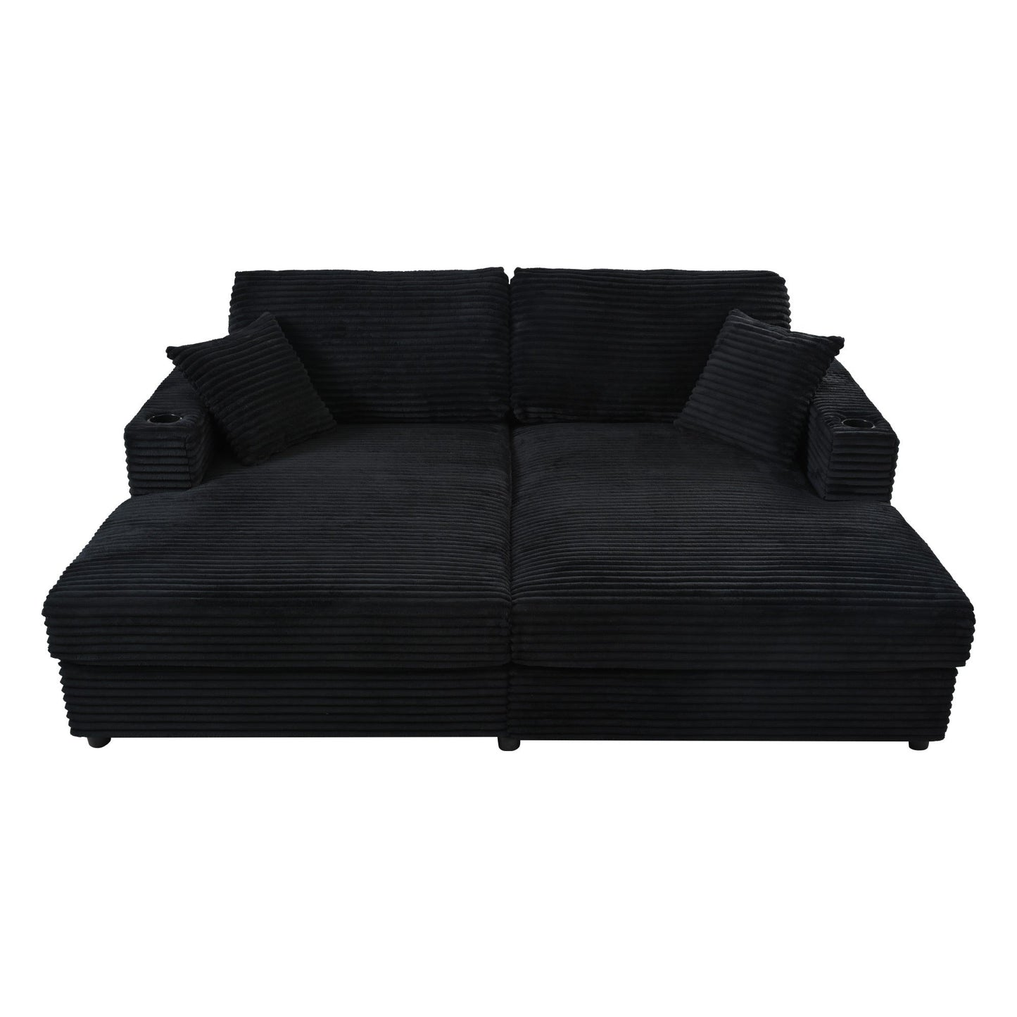 NEW Black Corduroy Oversized Loveseat Chaise Lounge Sectional Sofa Bed with USB Ports Cup Holders and Pillows