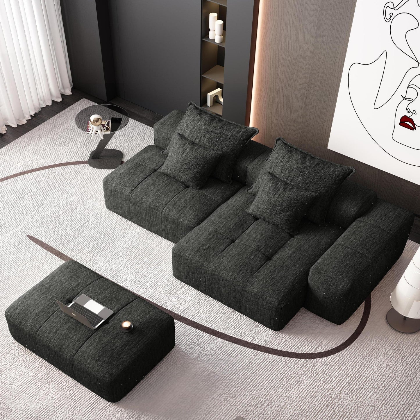 NEW Modern Oversized Modular Sectional Sofa with Ottoman, Seat, Chaise lounge and Armrest, Sparkling Chenille Fabric Soft Cushion Sofa with 4 Pillows,4 PCS DIY Combination Tufted Sofa,No Assembly Required