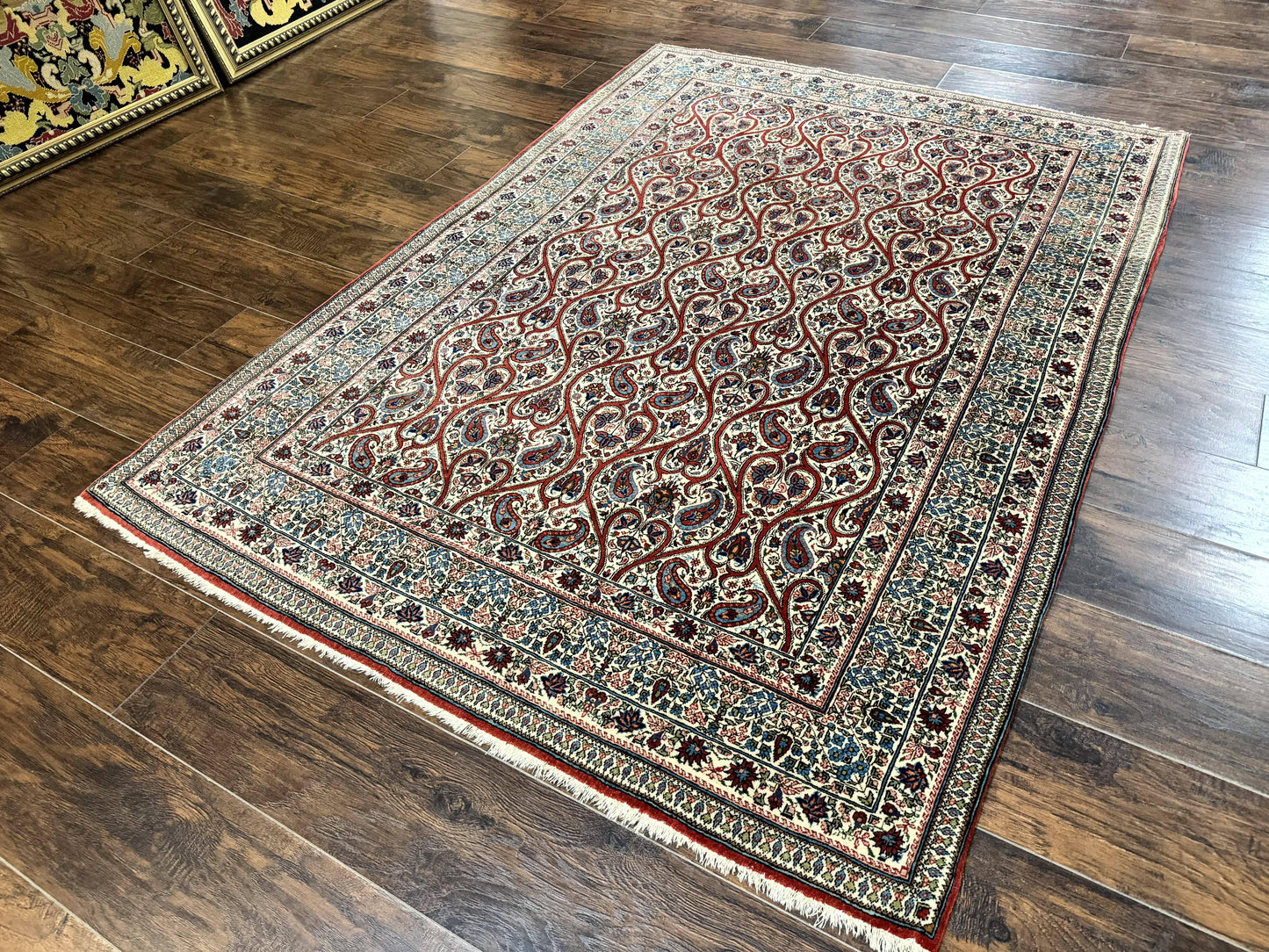 USED Unique Persian Qum Rug 5x7, Repeated Paisely Boteh Design, Ivory Red Blue, Handmade Antique Wool Persian Carpet, Finely Hand Knotted