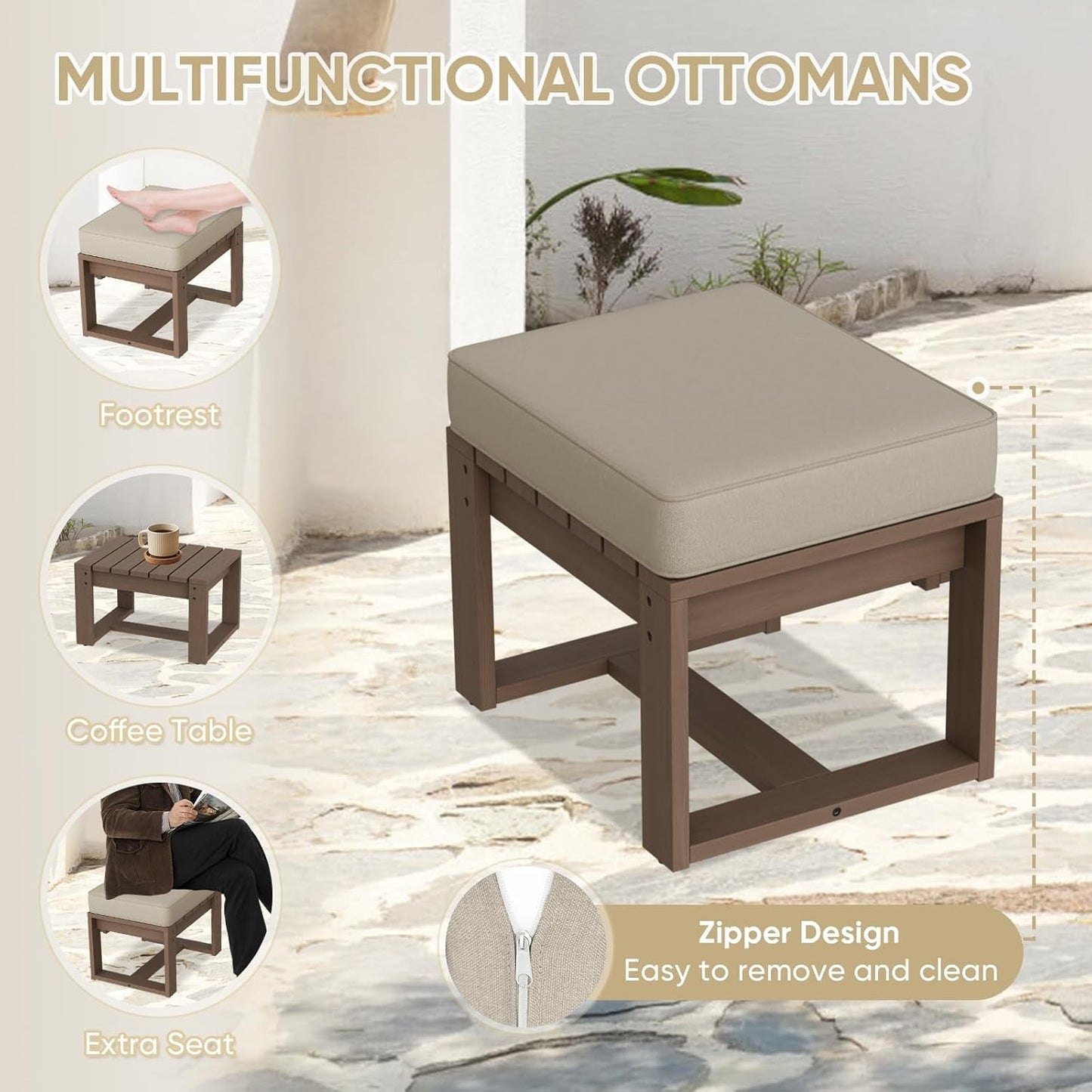 NEW Natural Cedar Outdoor Patio Ottomans Removable Cushions