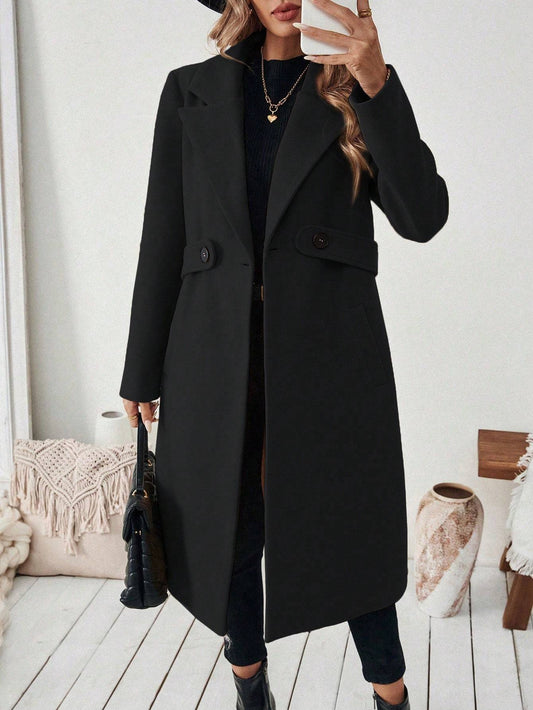 New Flat Collar Solid Color Pocket With Belt Long Sleeve Autumn Winter Coat Jacket
