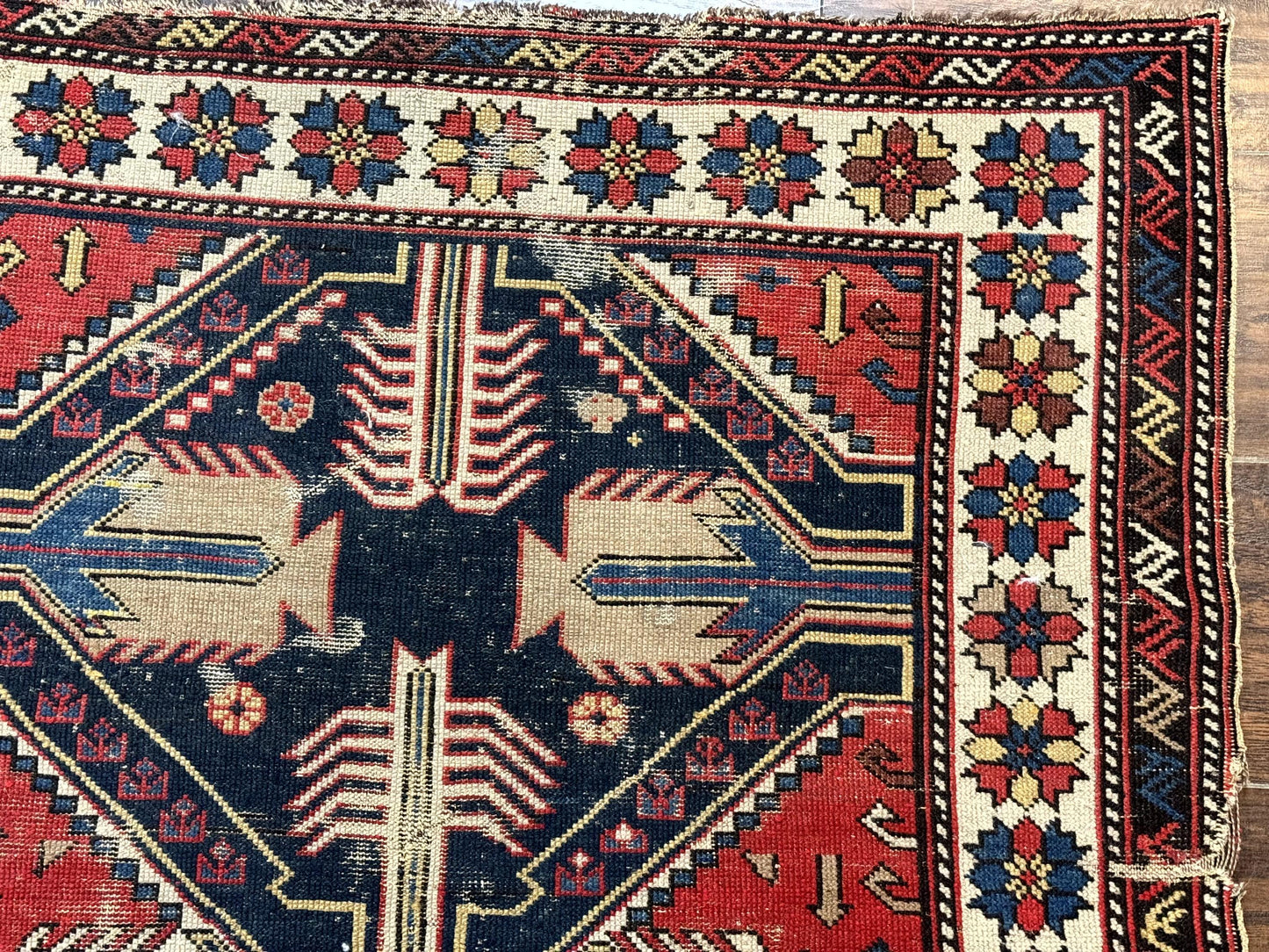 USED Antique Shirvan Caucasian Rug 3x5, Geometric Pattern, Red Navy Blue Beige