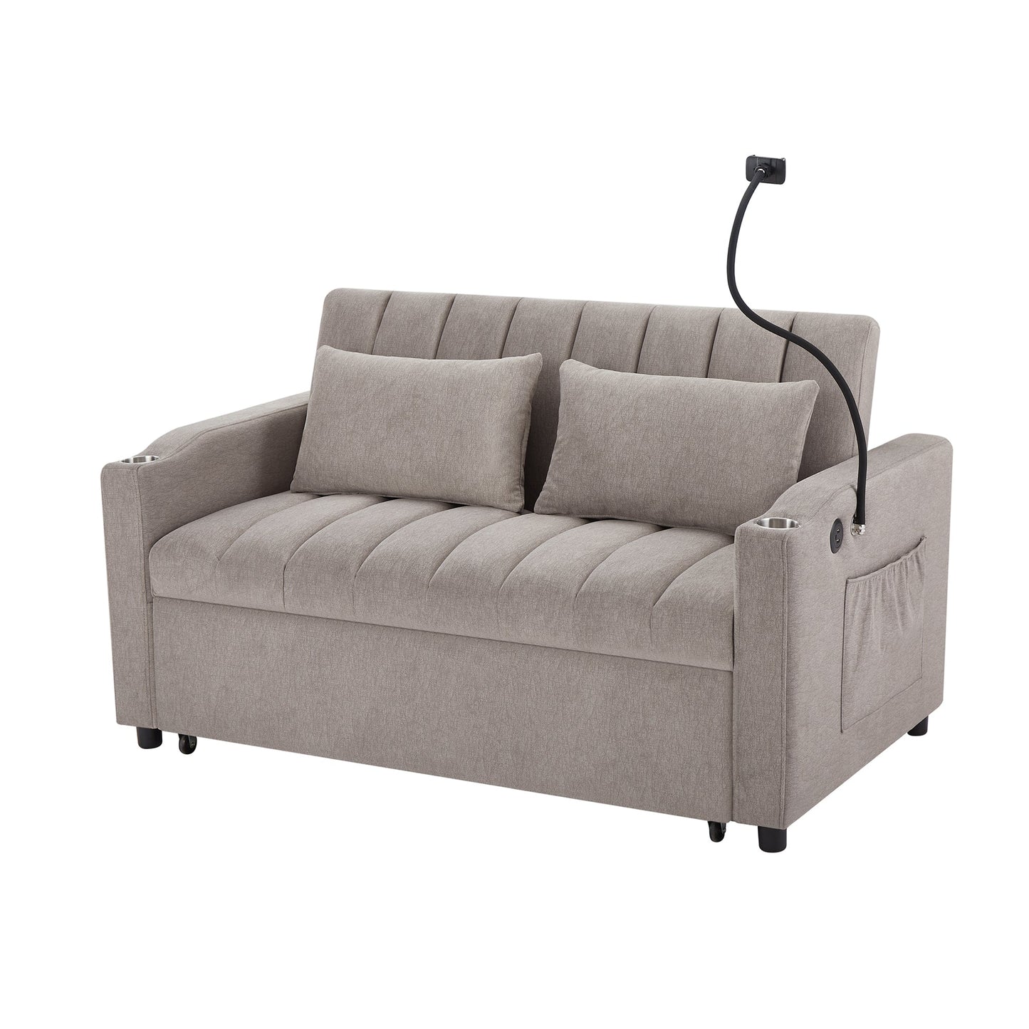 NEW Convertible Sofa Bed Loveseat with USB Ports, Side Pockets, Cup Holders & Swivel Phone Holder, Light Grey Bella Fabric