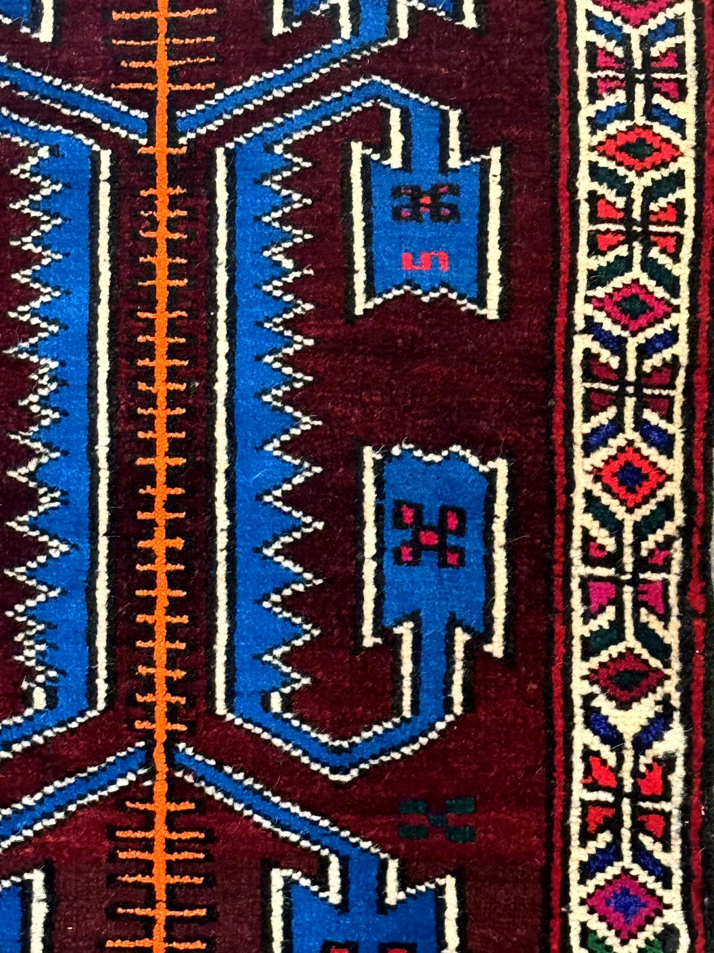 USED Persian Tribal Rug 1.8 x 2, Small Balouchi Rug, Unique Design, Burgundy and Blue