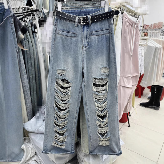 NEW Blue With Holes Design Straight Jeans