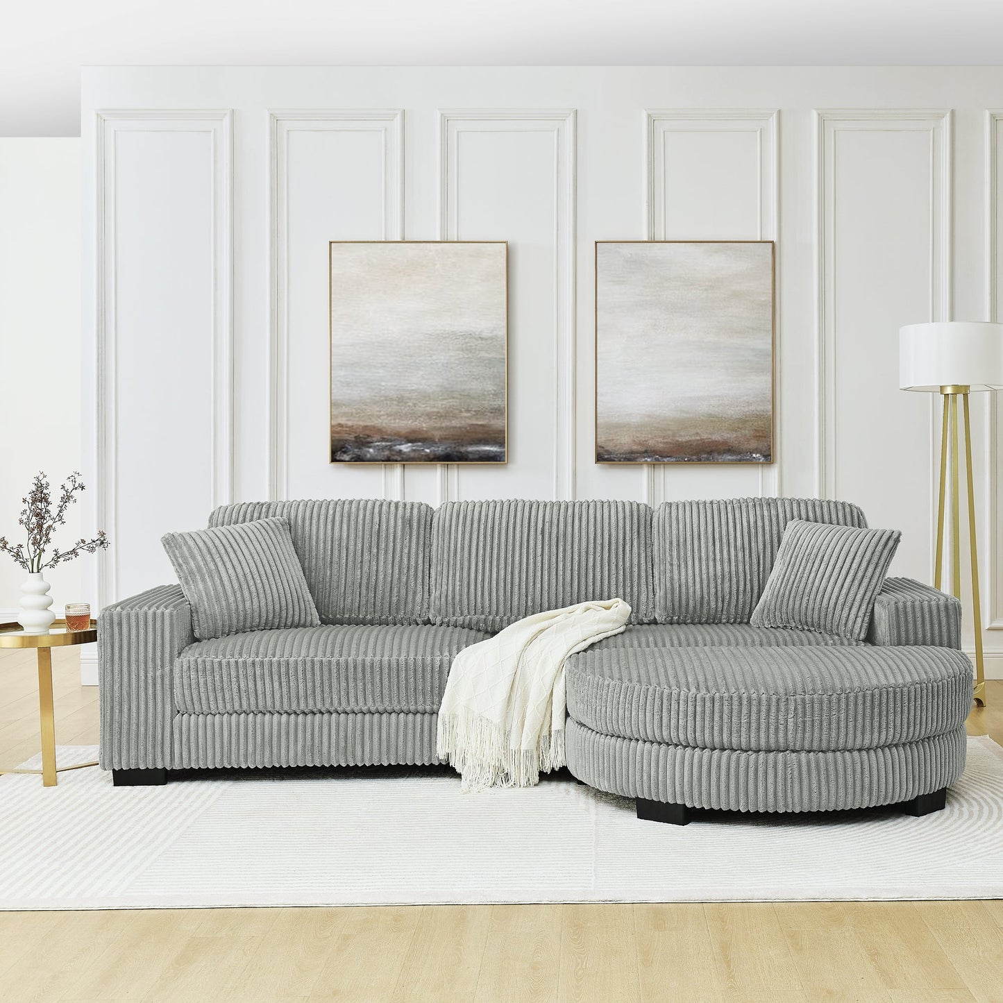 NEW Corduroy Tufted Upholstered Sleeper Sectional L-Shaped Modular Convertible Sofa with Arc-Shaped Footstool