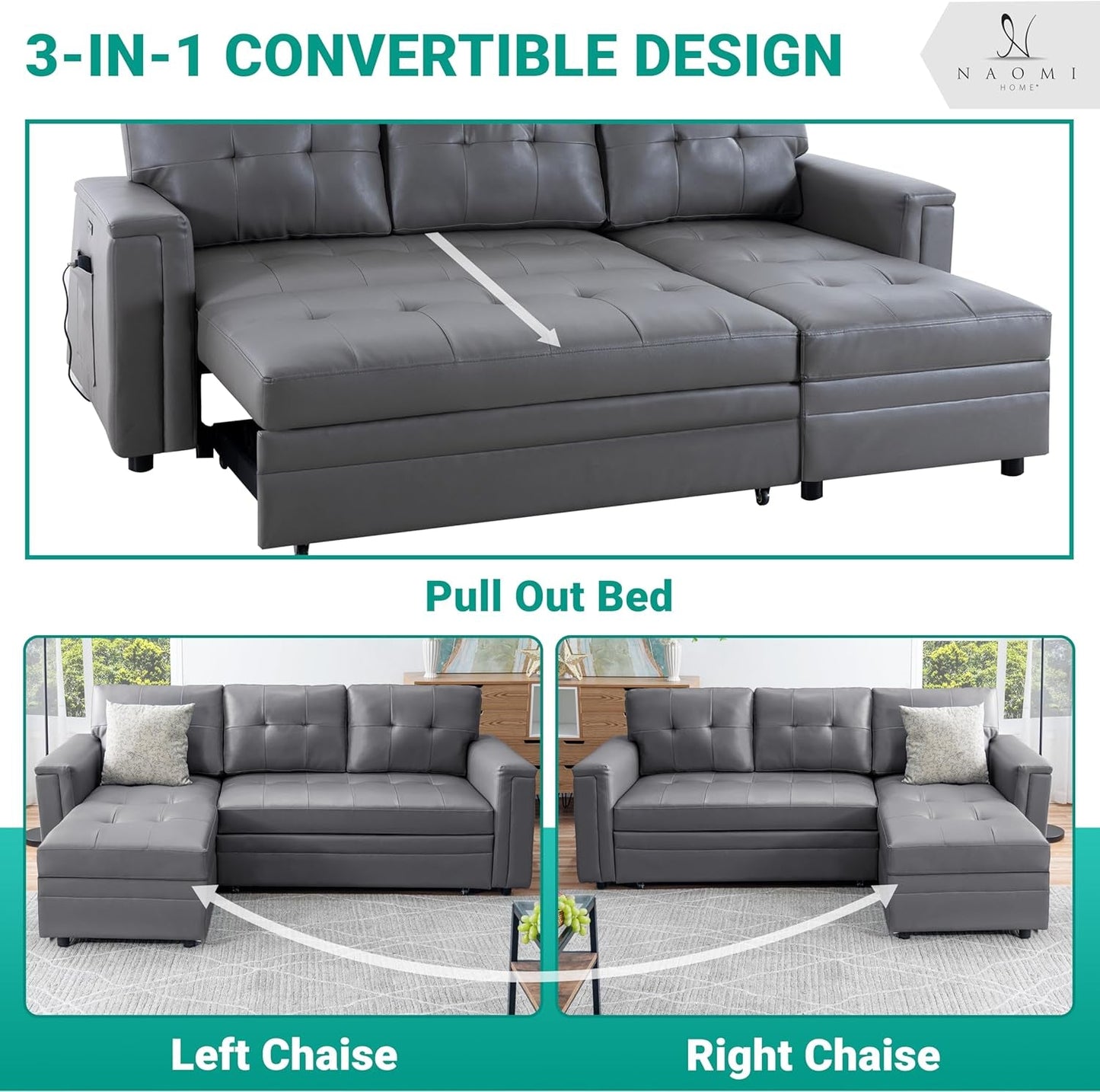 NEW L Shaped Sectional Sleeper Sofa With USB Ports Gray Leather