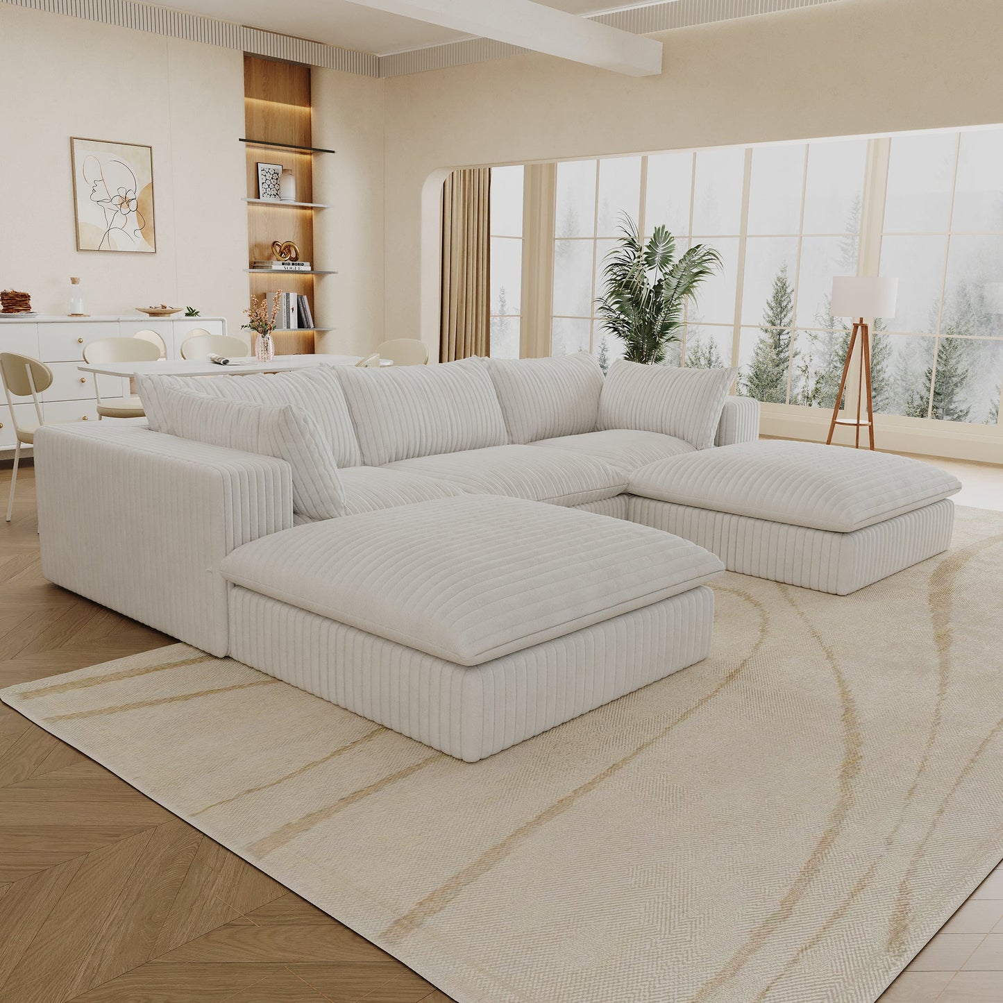 NEW 118.2' White Cloud Corduroy Fabric Deep Seat Double-layer Couch with Removable Cushion