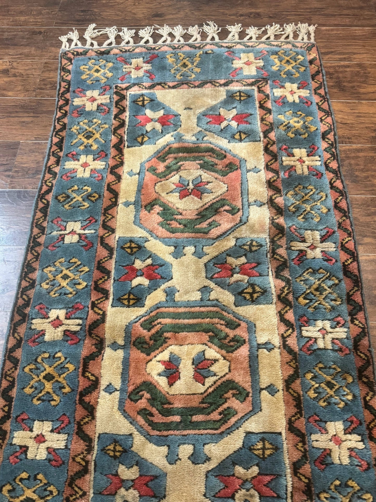 USED Turkish Kazak Runner Rug 3x11, Cream and Light Blue, Vintage