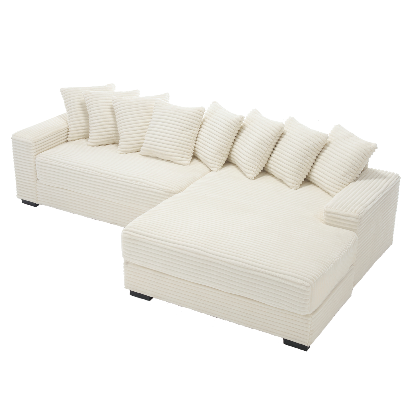 NEW Beige Corduroy Oversized Two-Piece L Shaped Sofa Couch (Right Chaise Daybed Corner with Armrests and Eight Throw Pillows