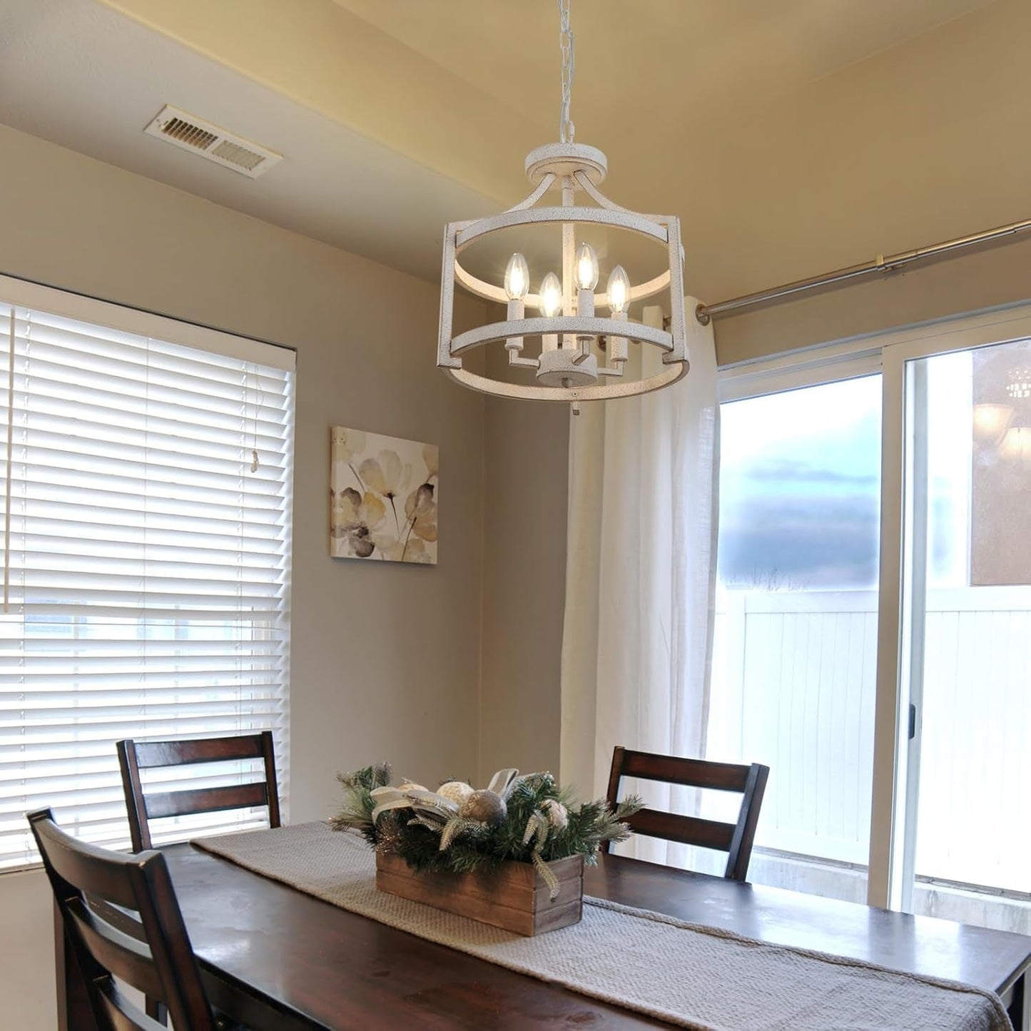NEW Distressed White 4 Light Farmhouse Chandelier Convertible Mount