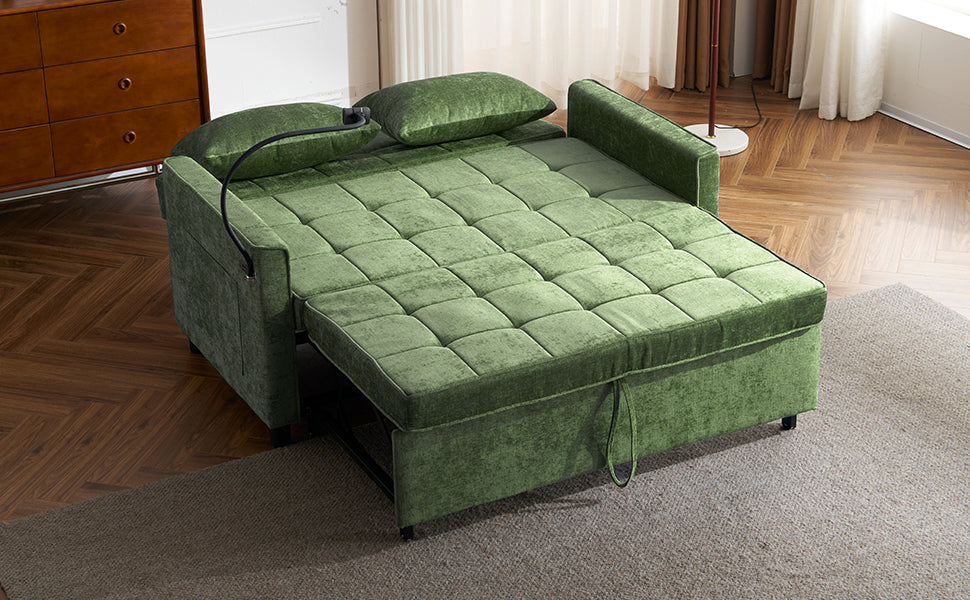 NEW 56.9' Convertible Loveseat Sofa Bed with Adjustable Backrest, USB Ports, Phone Holder, Side Pockets, Green Chenille,