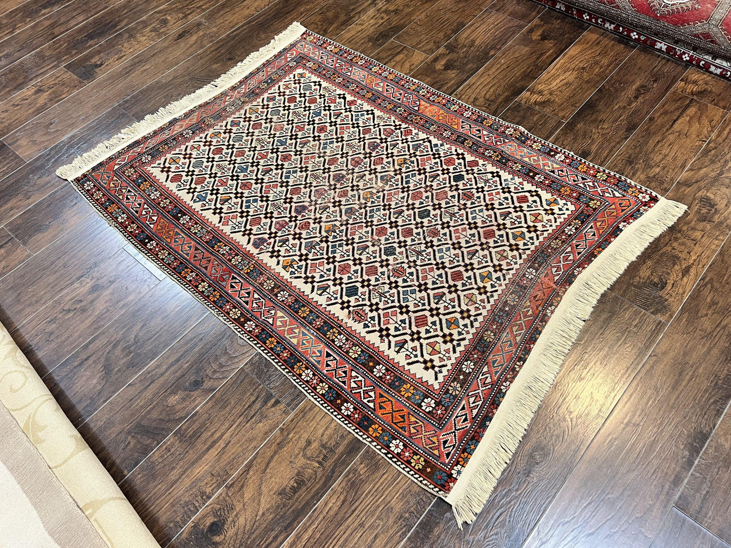 USED Antique Caucasian Rug 4x5, Hand Knotted Handmade Shirvan Oriental Carpet, Ivory Red Rug Allover Pattern, Rare Wool Rug, Tribal Geometric Rug