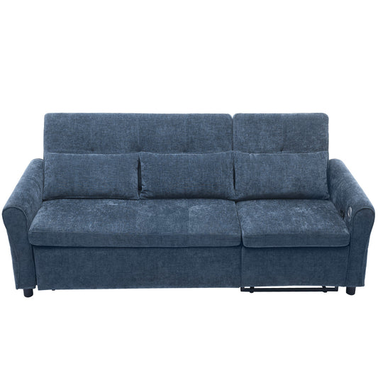 NEW 2-in-1 Sofa 82' Three-seater Sofa with Sofa Bed and Reversible Recliner, Blue Chenille