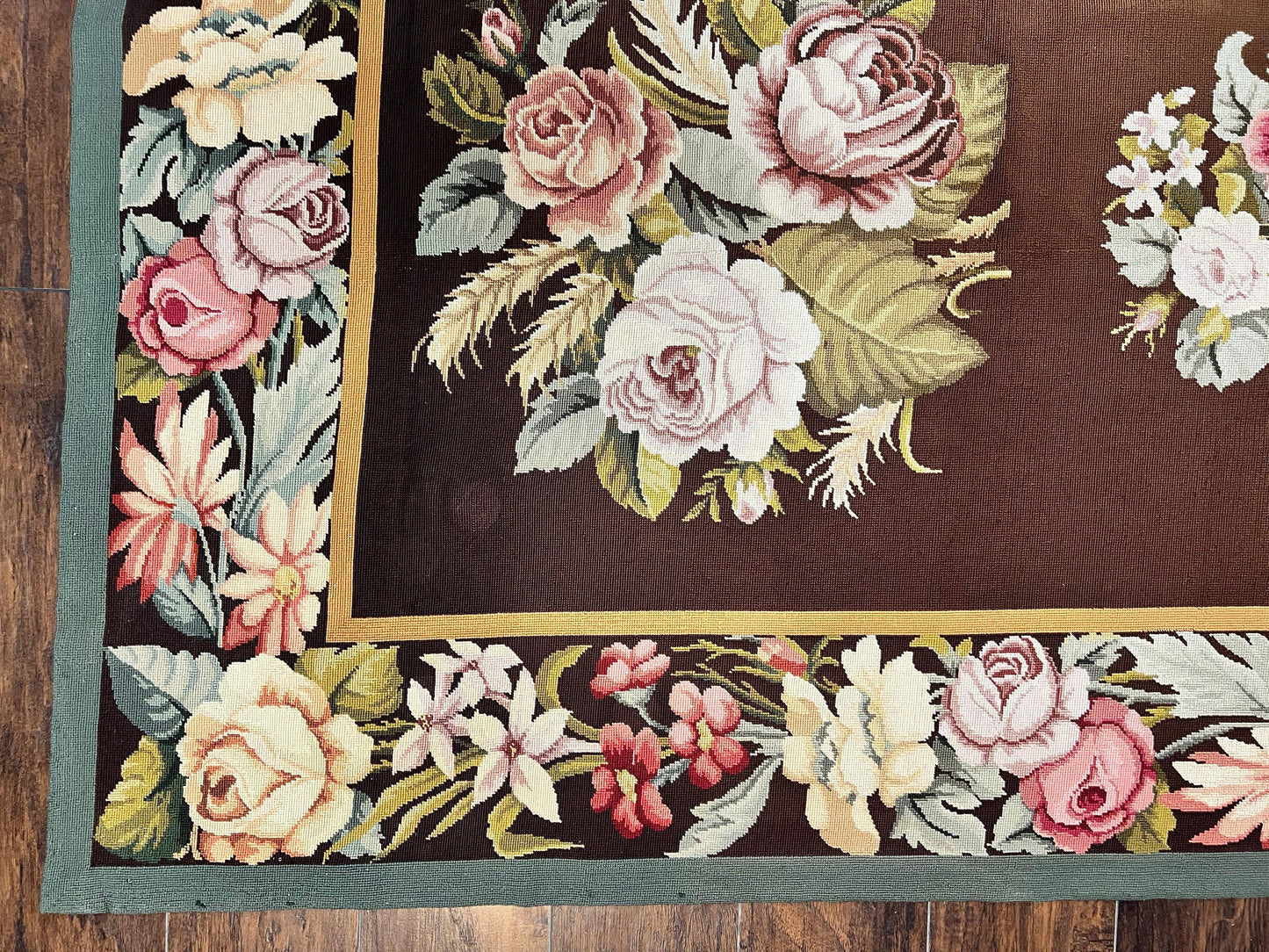 USED Vintage Needlepoint Rug 9x12, Large Handmade Hand-woven Needlepoint Carpet, Brown Area Rug, Floral Bouquets, Wool Rug, European Design