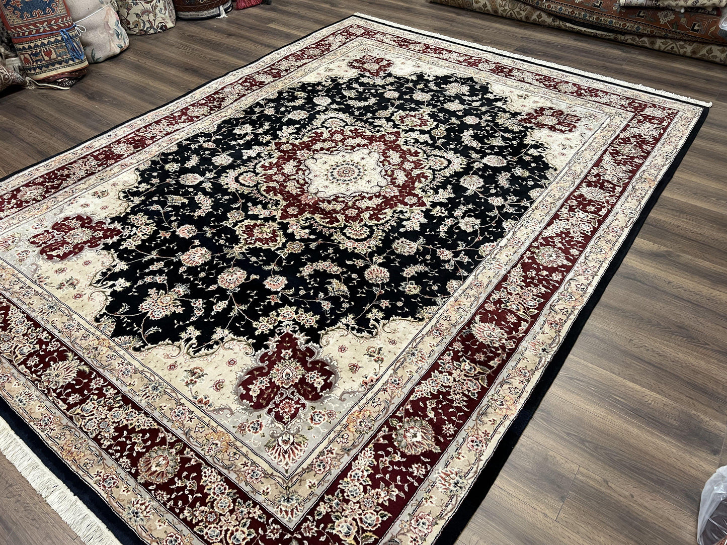 USED Pak Persian Rug 8.8 x 10.6, Floral Medallion, Wool and Silk Hand Knotted Fine Oriental Carpet, Elegant Rug, Black Gray Burgundy, Room Sized