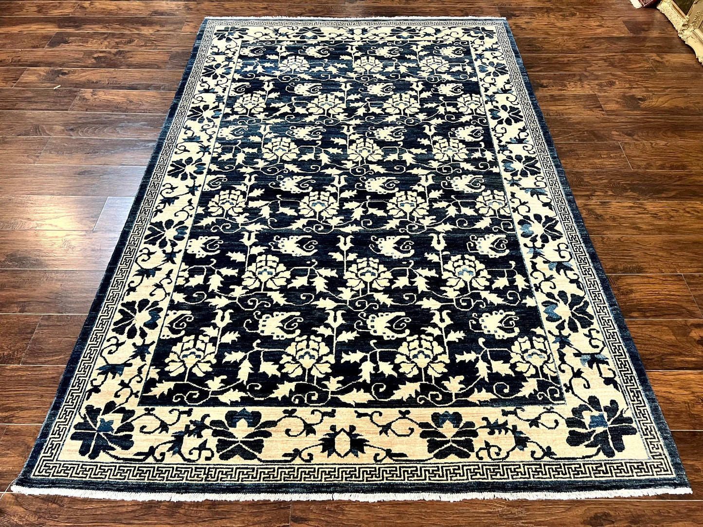 USED Sino Persian Rug 6x9, Hand Knotted Wool Carpet, Floral Allover, Blue Cream-Tan