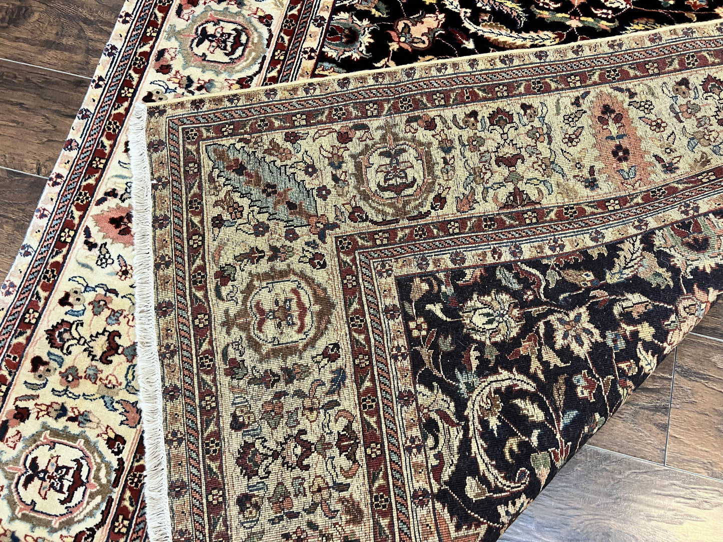 USED Indo Persian Rug 5x15, Wide Runner Rug 5 x 15 ft, Wool Hand Knotted Vintage Carpet, Black & Cream, Floral Allover Long Oriental Rug