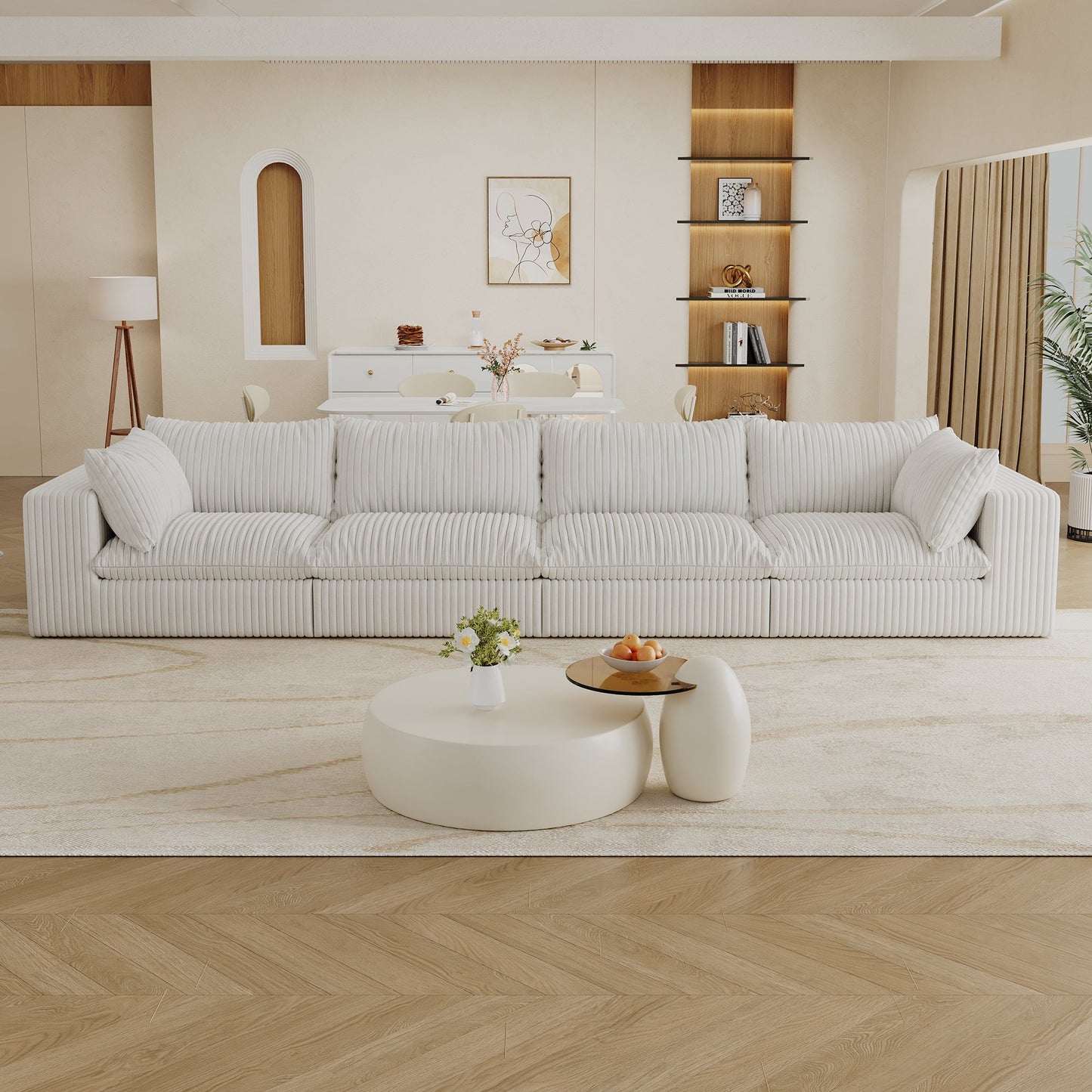 NEW 157.6'Cloud Sofa,Corduroy Fabric,Deep Seat Couches,Double-layer design,Removable  Cushion,No Assembly,DIY Combination for Living room, Bedroom,Conference room ,Apartment,White