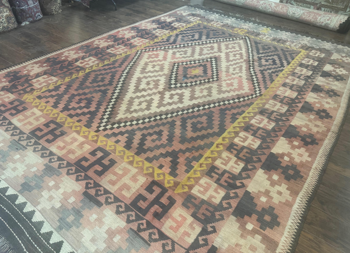 USED Antique Persian Tribal Kilim Rug 9x12, Zig Zag Pattern Kilim, Zarand Rug, Wool, Earth Tone Colors