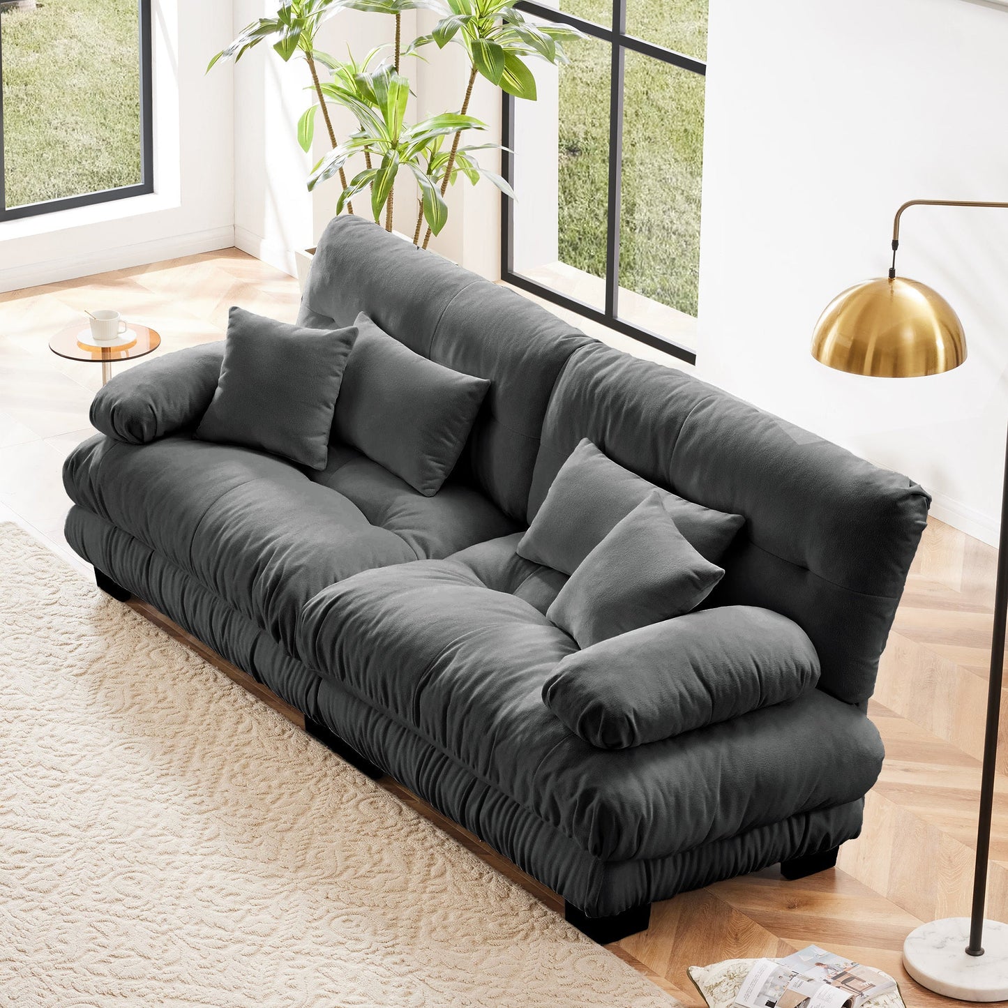 NEW Chenille Gray Cloud Couch 2 Seater Sofa with 2 Lumbar and Throw Pillows