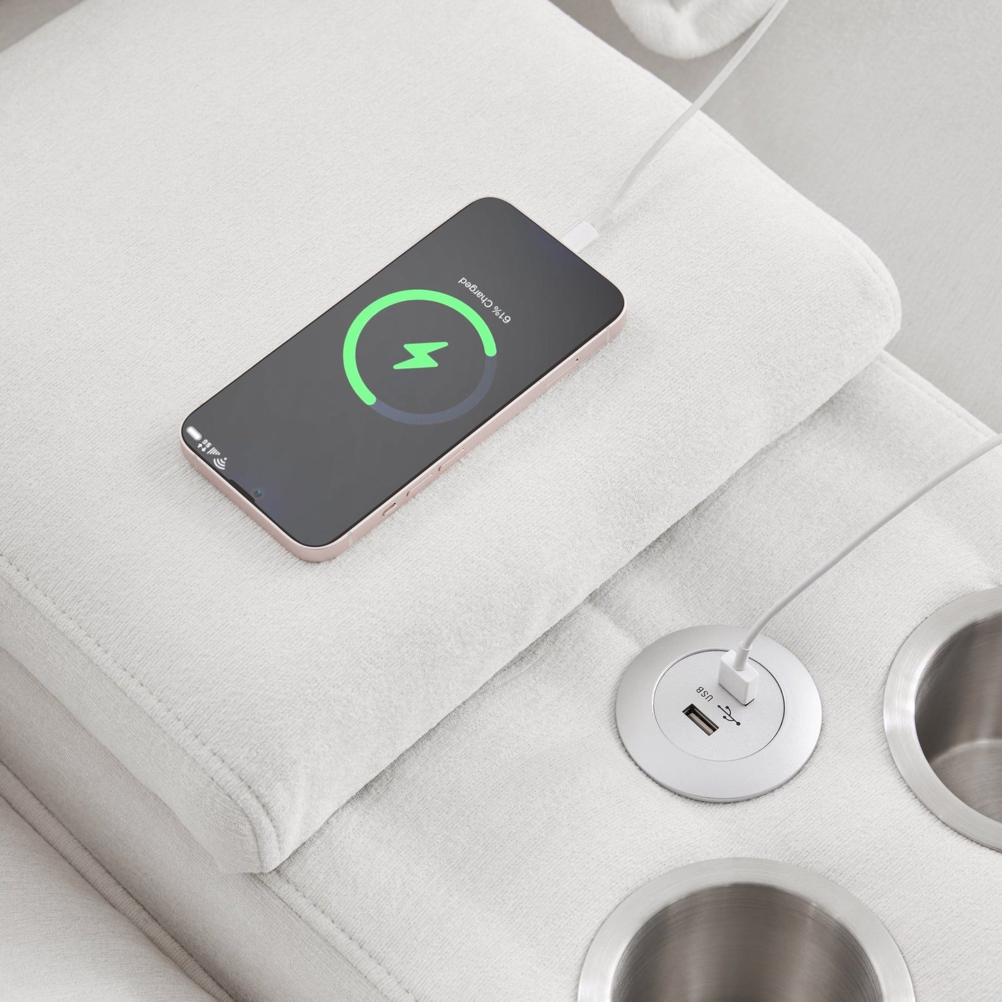 NEW Modern Chenille White 6-seat Upholstered U-shaped Sofa with Console Cupholders & USB Ports