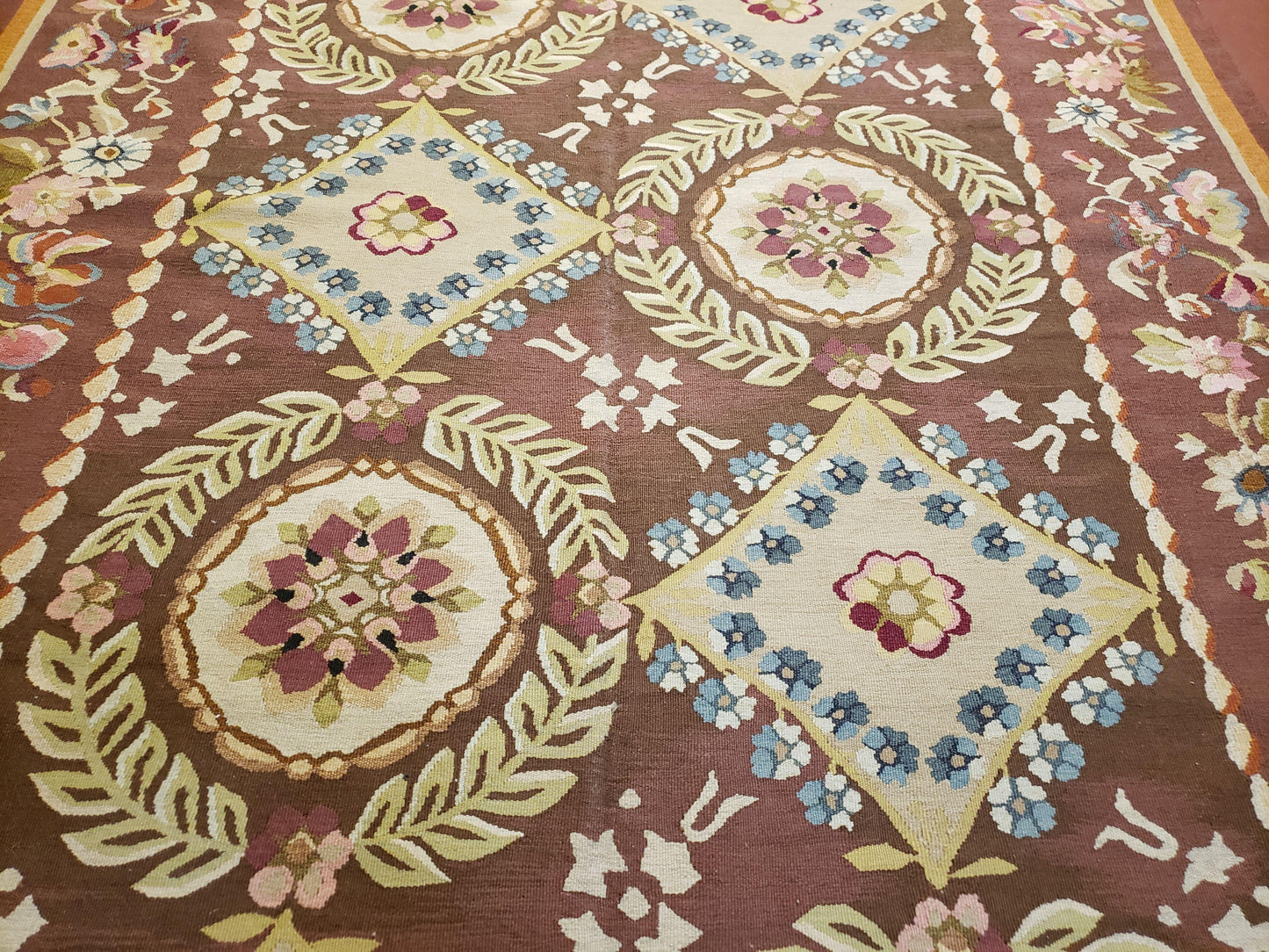 USED Aubusson Rug 6 x 9 Flat Weave Area Carpet European Design Flowers New Brown Rug Handmade Wool Hand-Knotted Aubusson Weave Medium Rug 6x9